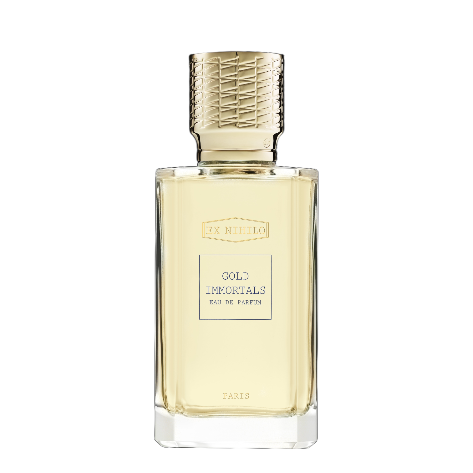 Flakon von Ex Nihilo Gold Immortals – klares Design, goldener Akzent, Unisex‑Duft. Deckel Gold.