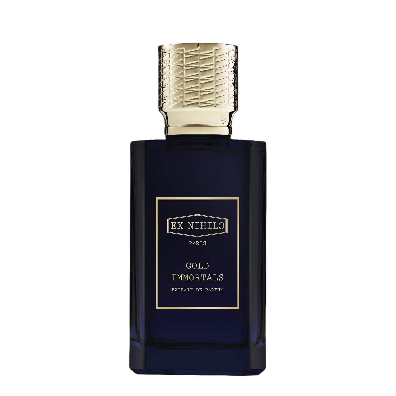 Flakon Ex Nihilo Gold Immortals Extrait – intensiver Unisex‑Duft mit Amber und Blüten. Flakon dunkelblau. Deckel Gold.