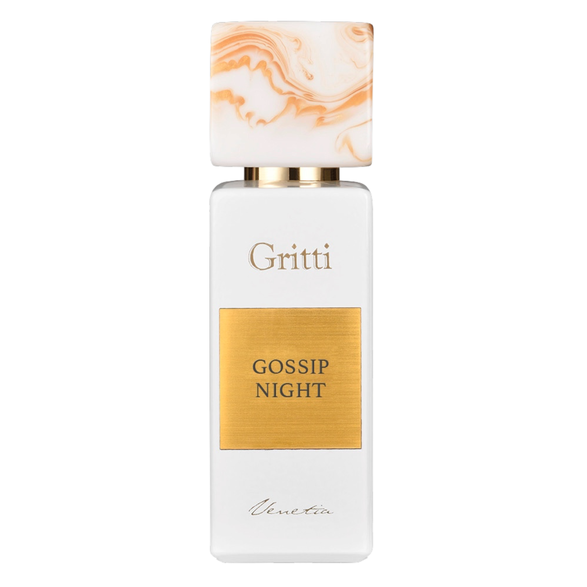 Gritti Venetia Gossip Night Eau de Parfum 100ml im weißen Flakon mit goldfarbener Plakette und marmoriertem Verschluss in Creme- und Apricottönen.