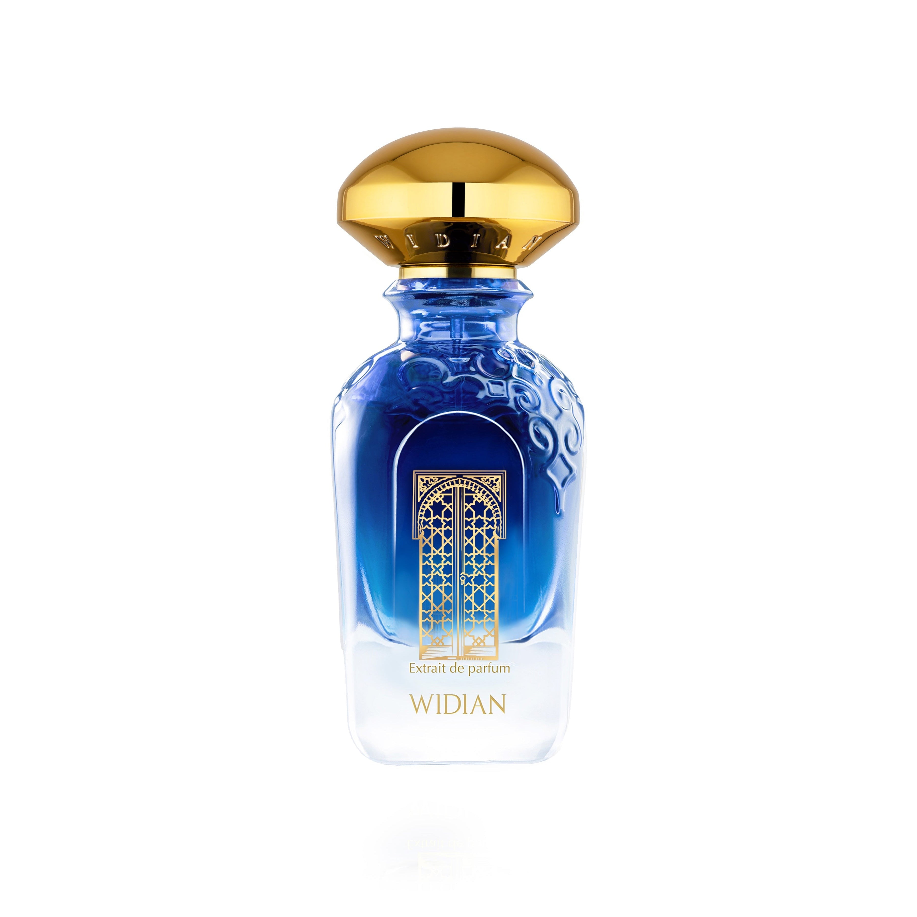 Widian Granada Extrait de Parfum – luxuriöser Flakon mit goldener Kappe und blauem Glas, inspiriert von der Alhambra. Jetzt bei 4D OUTFITTERS.​