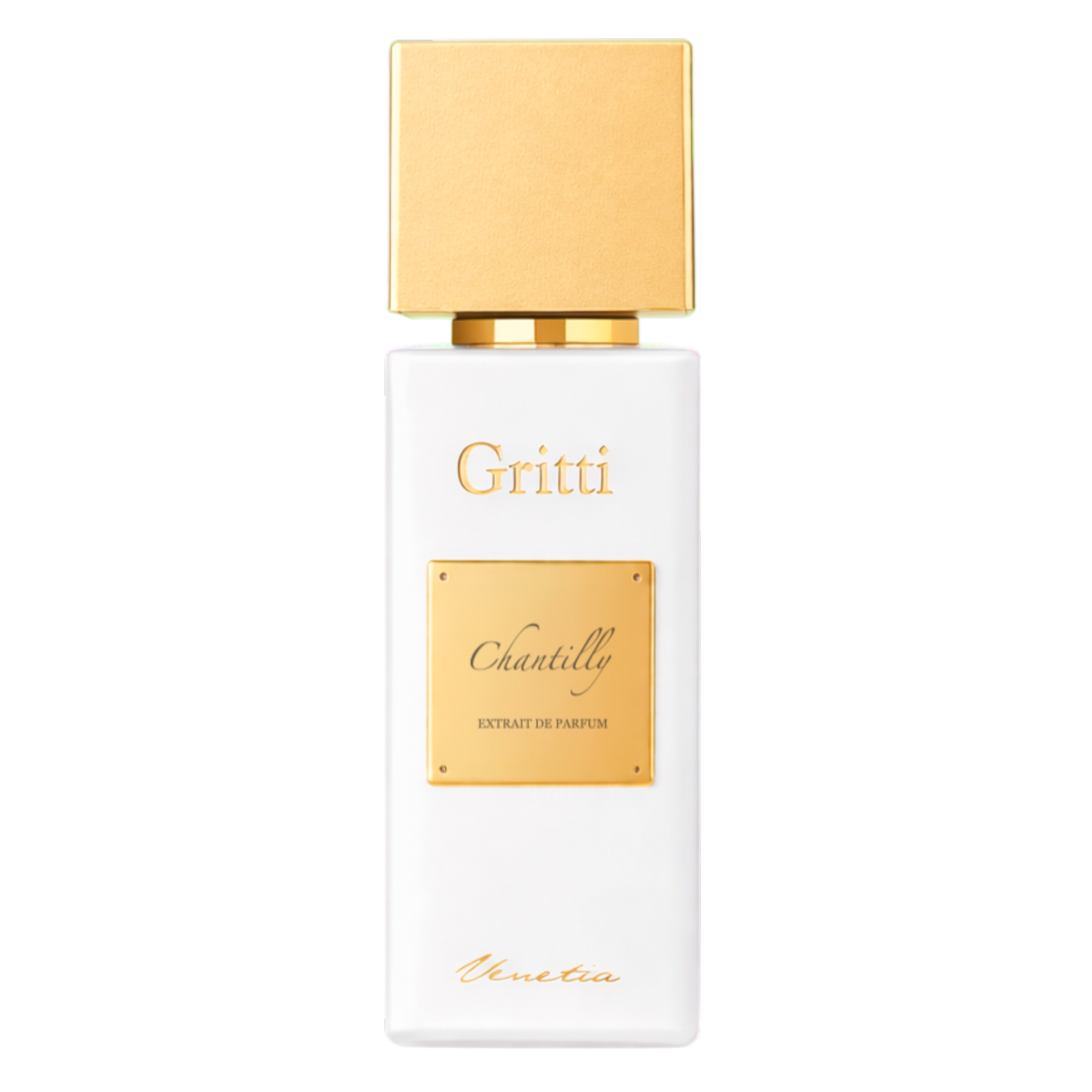 Gritti Chantilly Extrait de Parfum 100ml – weißer Flakon mit goldener Metallplakette und goldener Verschlusskappe im eleganten Gritti-Design.