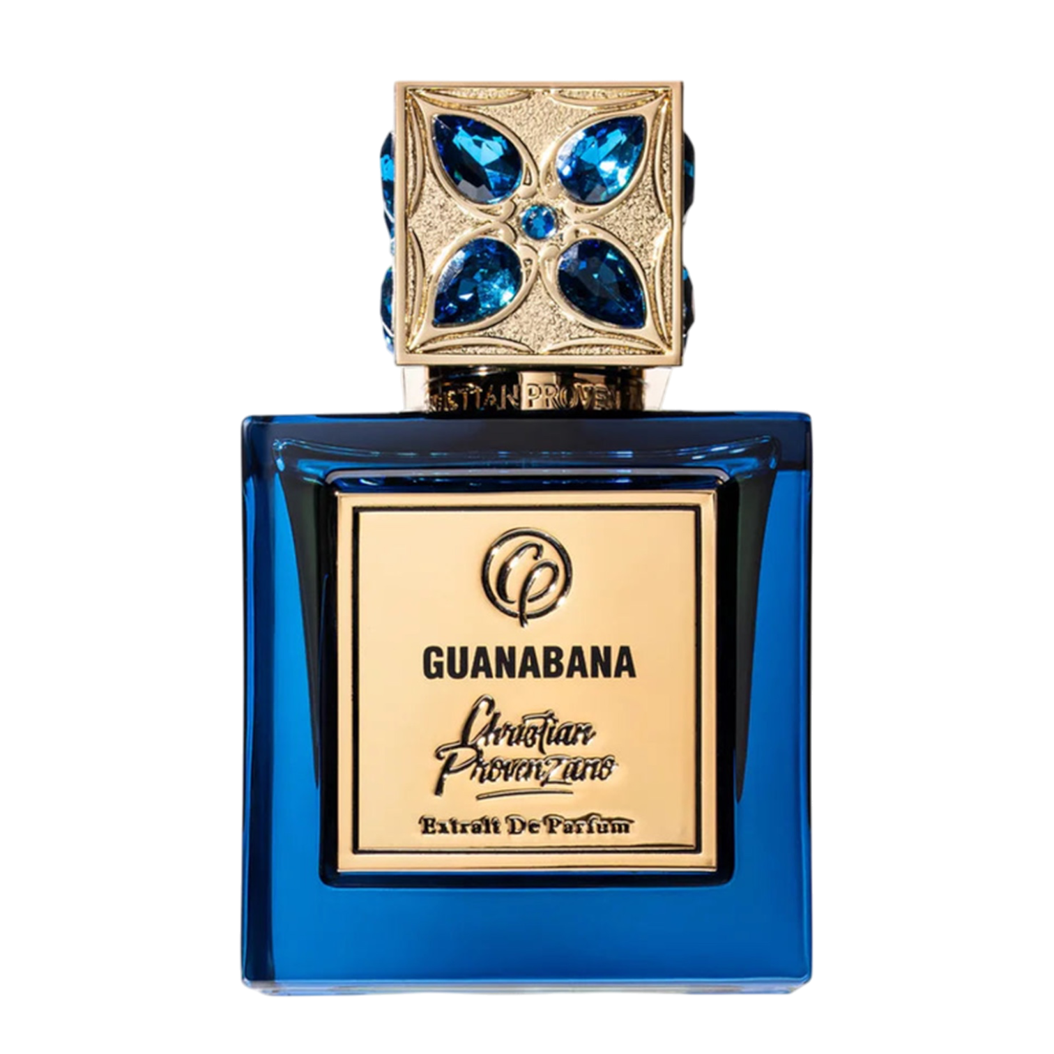 Christian Provenzano Guanabana Extrait de Parfum im tiefblauen Glasflakon mit goldfarbener Plakette und kunstvoll verziertem Verschluss mit blauen Schmucksteinen.