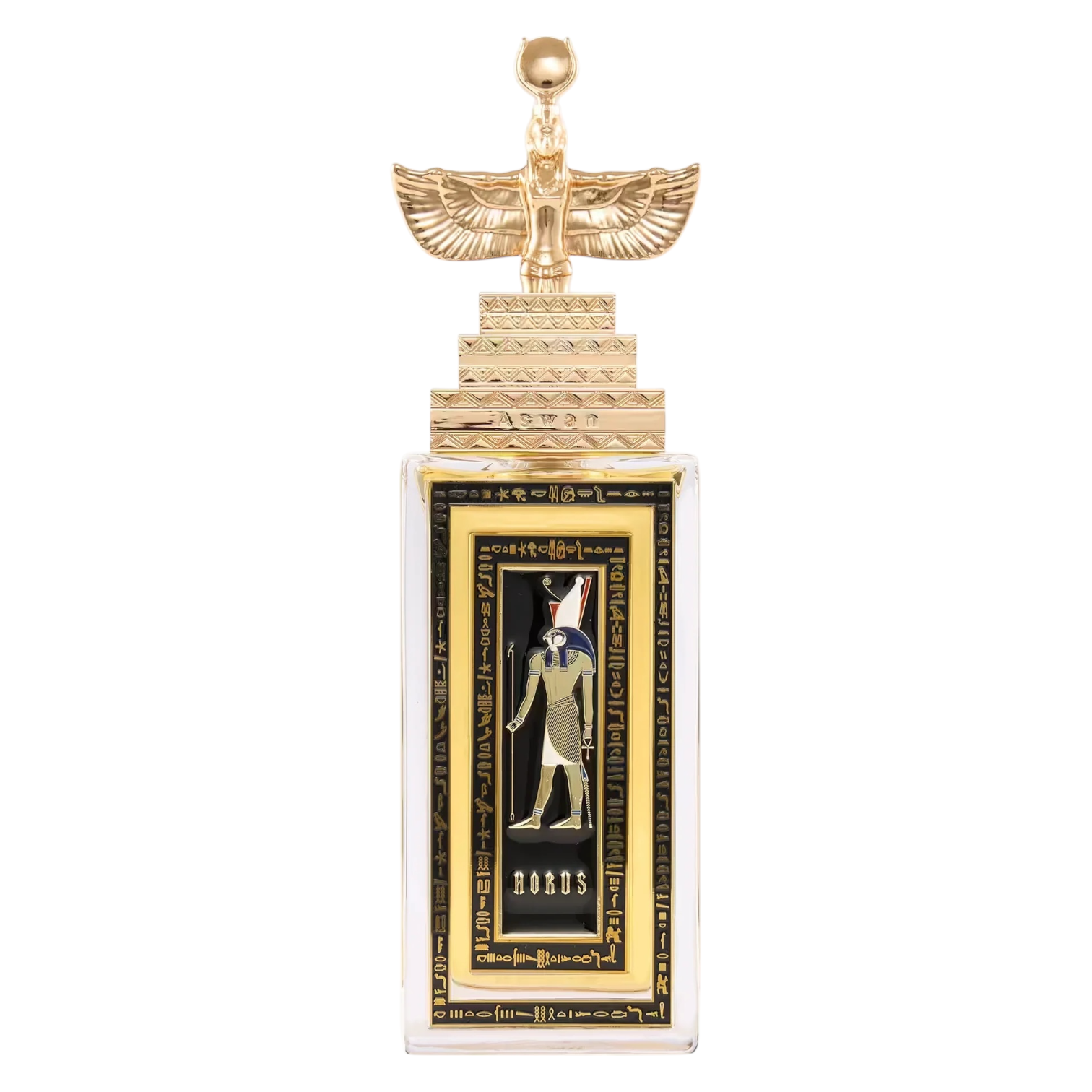 Flakon von Aswan – rechteckige klare Glasflasche mit goldener Verschlusskappe mit Pyramiden-Prägung, verziert mit ägyptischer Figur als 3D-Element; Etikett in schwarz und gold.