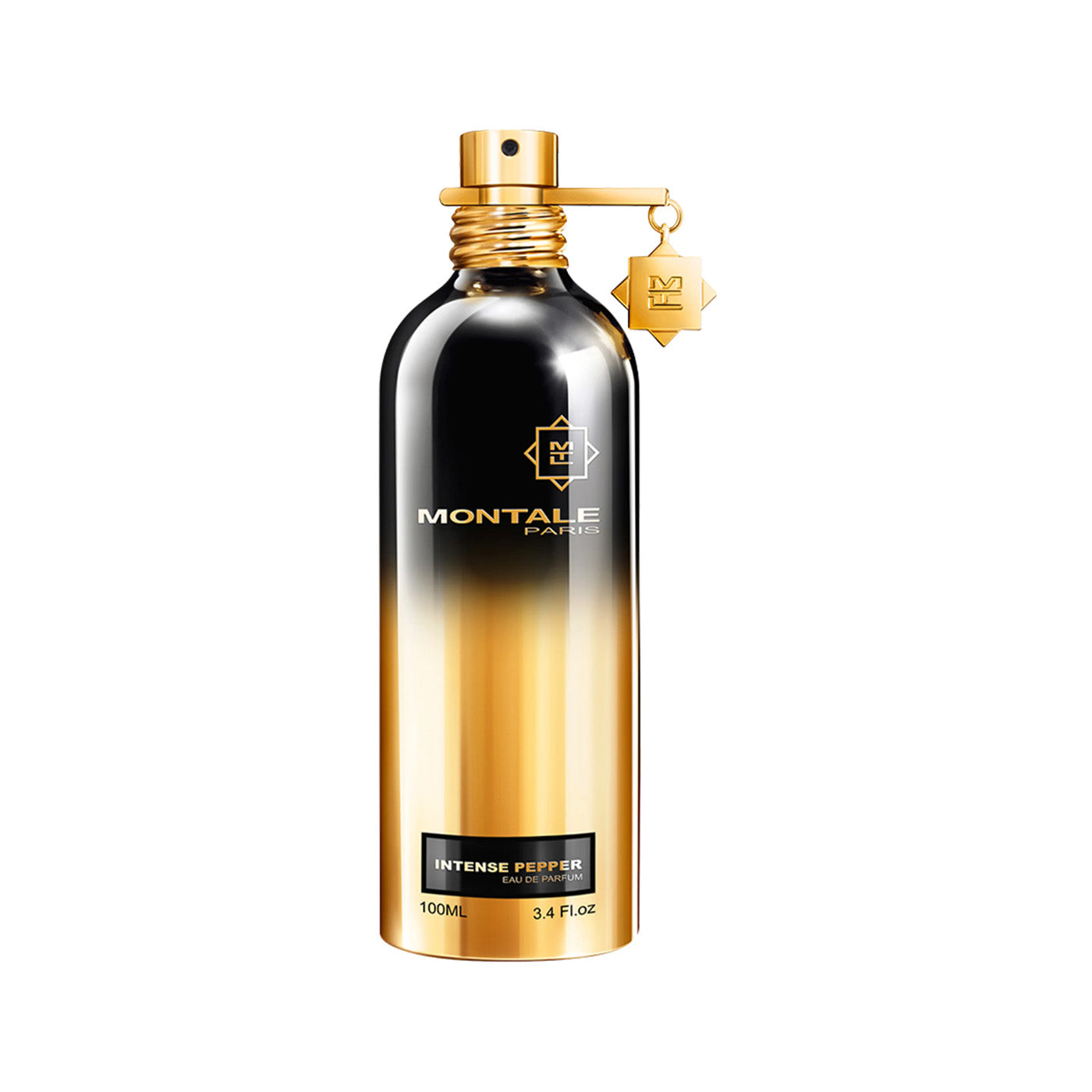 Intense Pepper von Montale – kraftvoller Unisexduft mit schwarzem und rosa Pfeffer, floralen Noten, Aoud, Zedernholz und Ambra. 100 ml Flakon in glänzendem Schwarz-Gold-Verlauf. Erhältlich bei 4D OUTFITTERS.