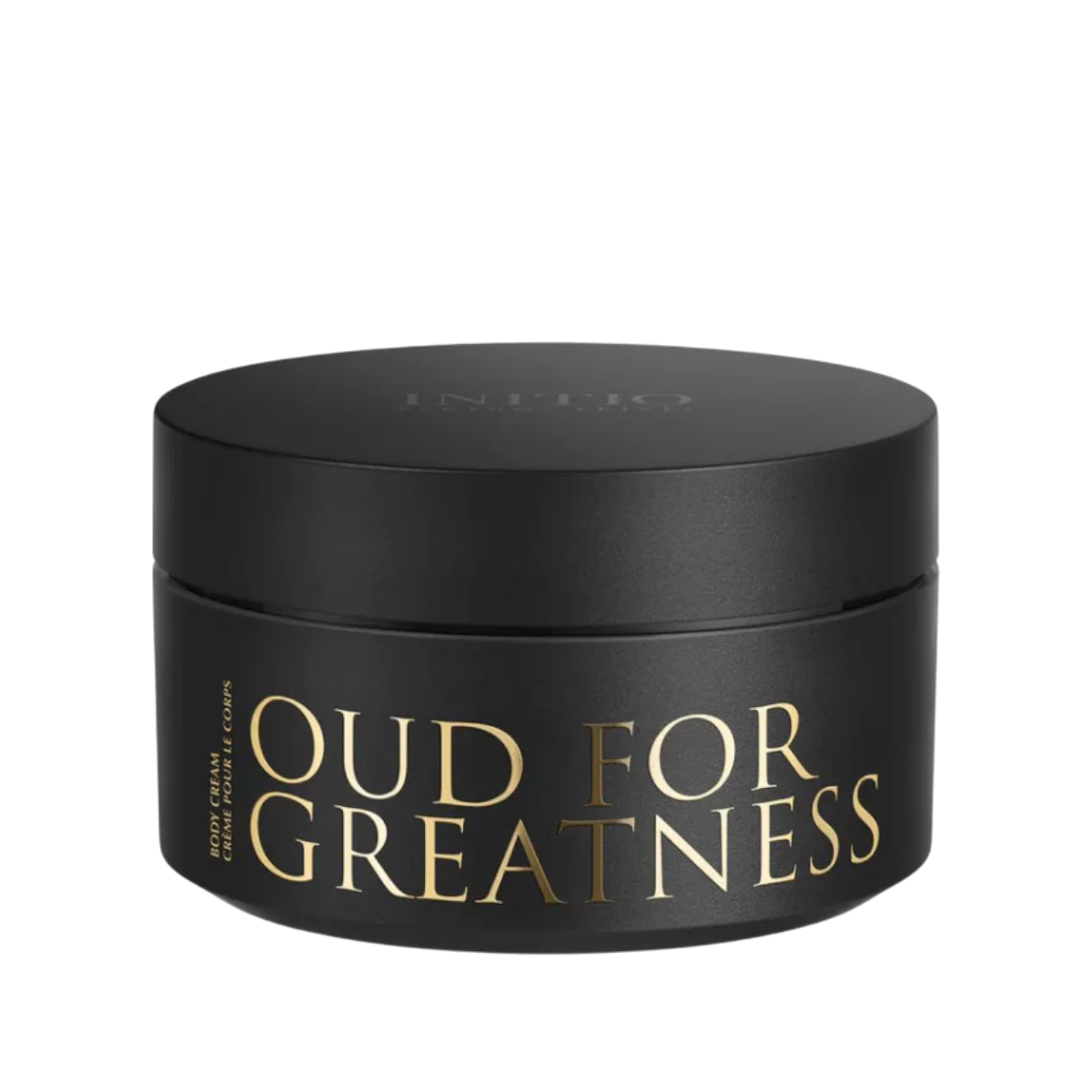 200 ml Tiegel der Initio Oud for Greatness Body Cream – schwarze Luxus-Körpercreme mit goldener Logo-Prägung.