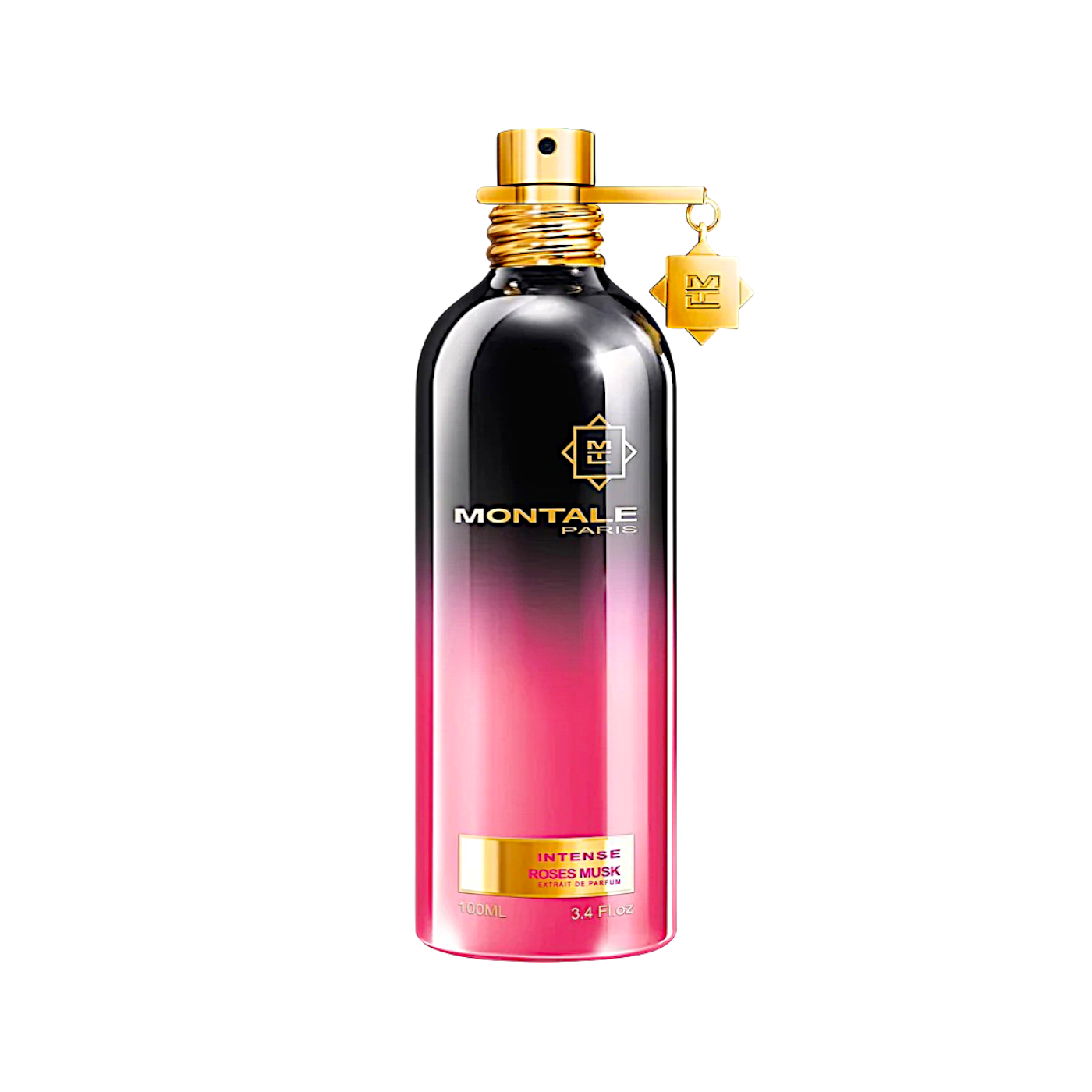 Montale Paris Intense Roses Musk Extrait de Parfum im schwarzen und pinkfarbenen Metallflakon mit goldfarbenem Sprühkopf, Montale-Emblem und dekorativem Anhänger.