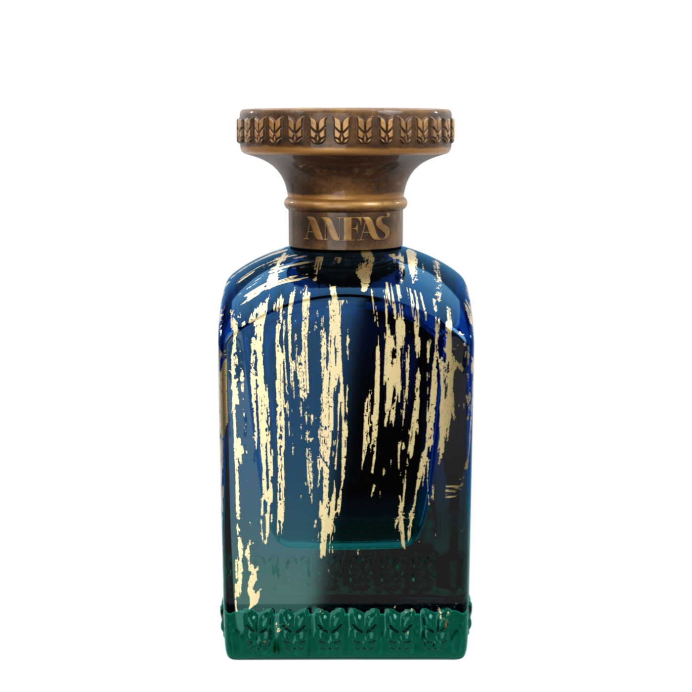 Anfas Jannah Parfumflakon aus blau-grünem Glas mit goldenen Pinselstrichen und bronzefarbener Verschlusskappe