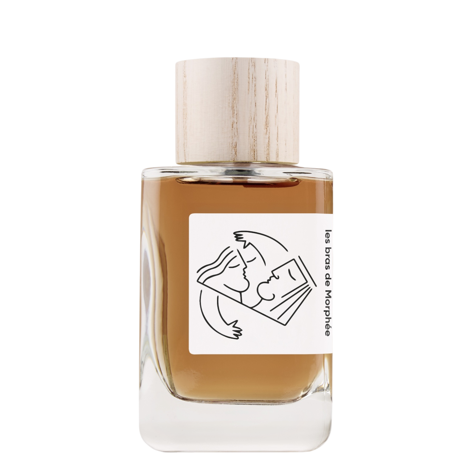 HELLENIST Paris Les Bras de Morphée Eau de Parfum im klaren Glasflakon mit nachhaltig gefertigtem, weiß gekalktem Holzverschluss und minimalistischem Künstleretikett.