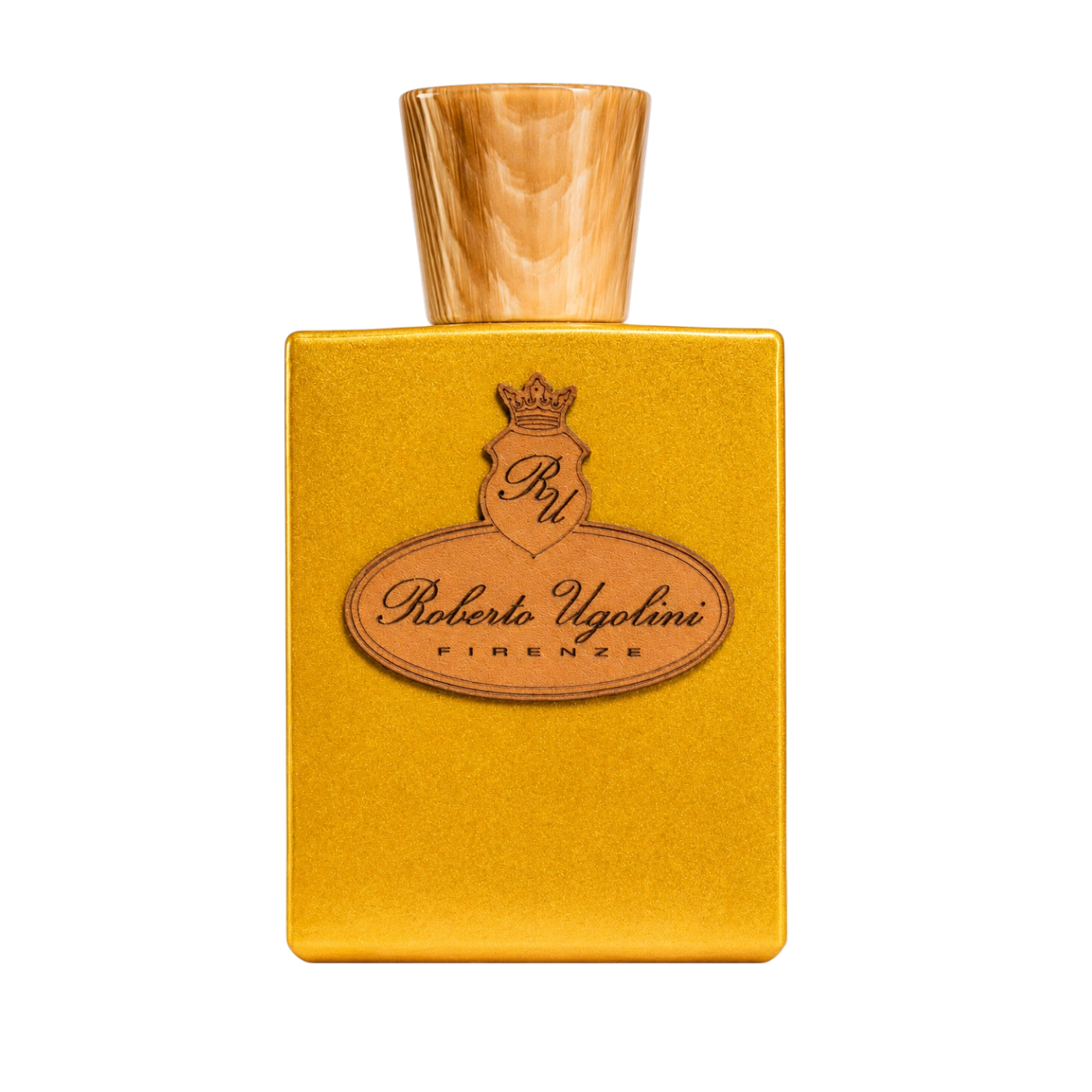 Roberto Ugolini Limonaia Extrait de Parfum 100 ml Flakon in leuchtendem Gelb mit Holzoptik Verschluss und ovalem Roberto Ugolini Etikett auf weißem Hintergrund.