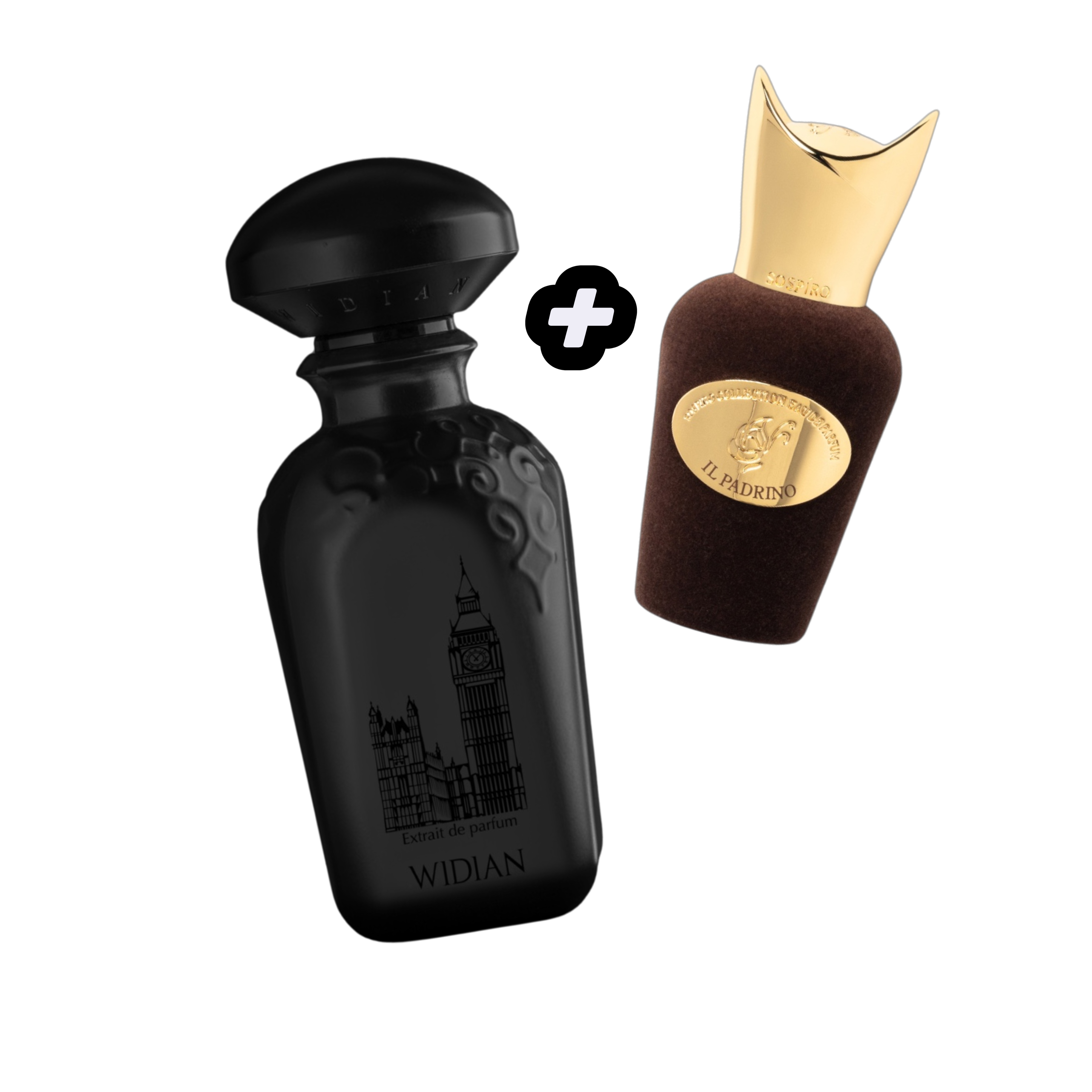 Widian London Black Edition Extrait de Parfum Flakon in mattem Schwarz mit Big-Ben-Motiv und schwarzem Deckel auf weißem Hintergrund plus Il Padrino Miniature von Sospiro in 15ml. Braun Samt Flakon.