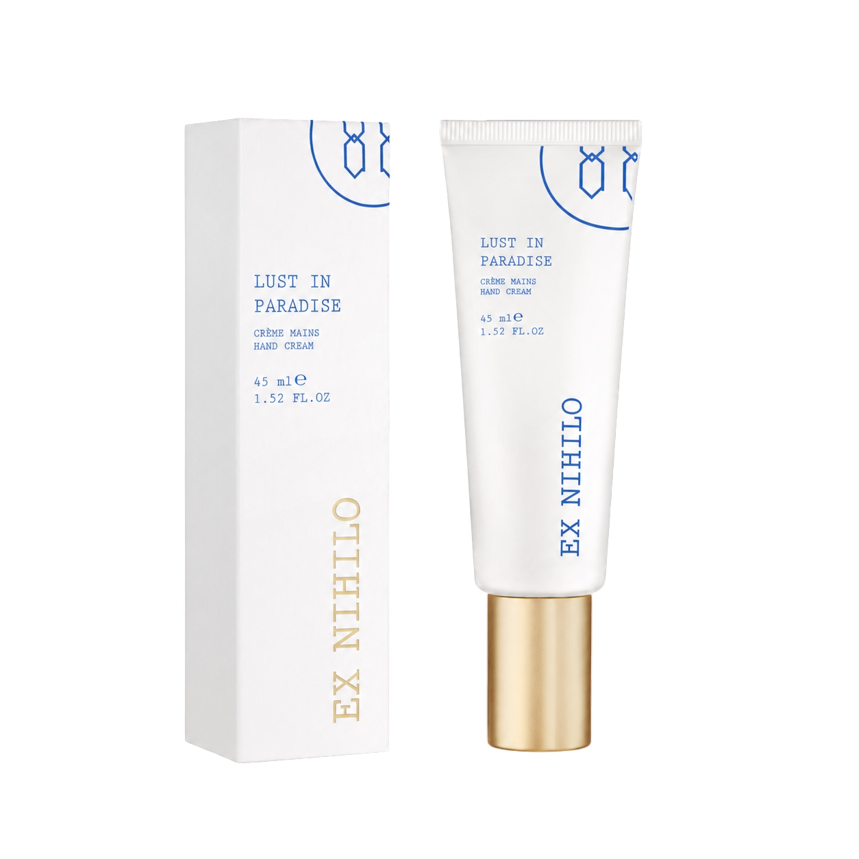 Ex Nihilo Lust in Paradise Hand Cream in weißer Tube mit goldfarbenem Verschluss und passender weißer Verpackung mit blauen und goldenen Details.