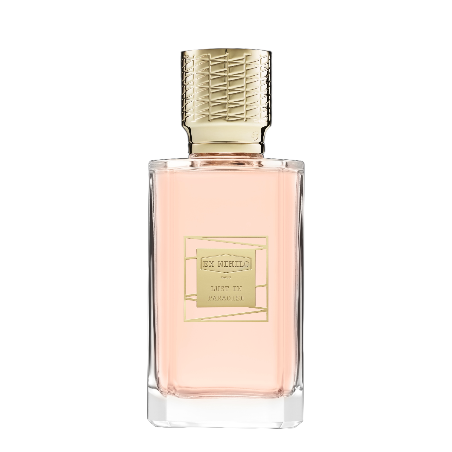 Flakon von Ex Nihilo Lust in Paradise – klarer Glasflakon, floraler Unisex‑Duft. Deckel Gold.