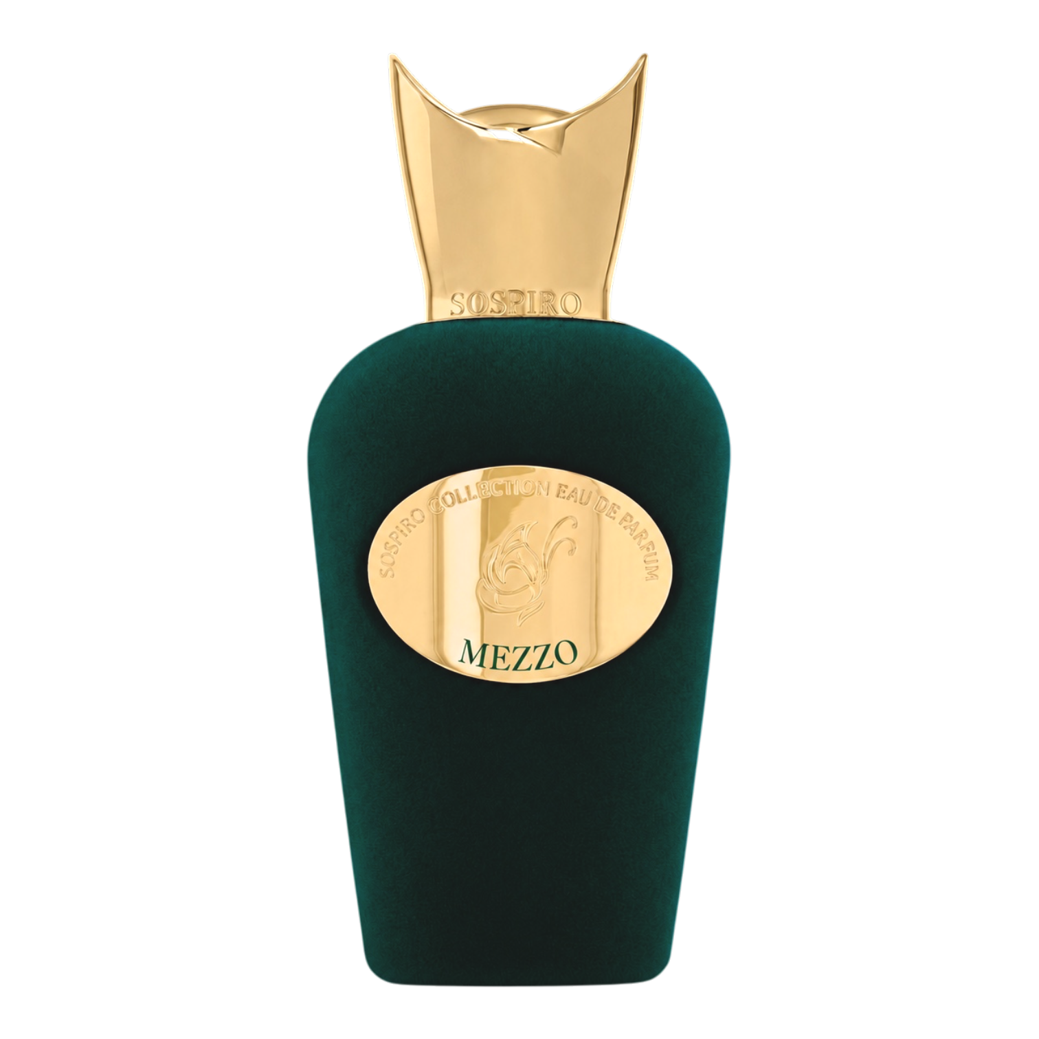 Sospiro Mezzo Eau de Parfum im dunkelgrünen Samtflakon mit goldfarbenem Verschluss und goldener Plakette.