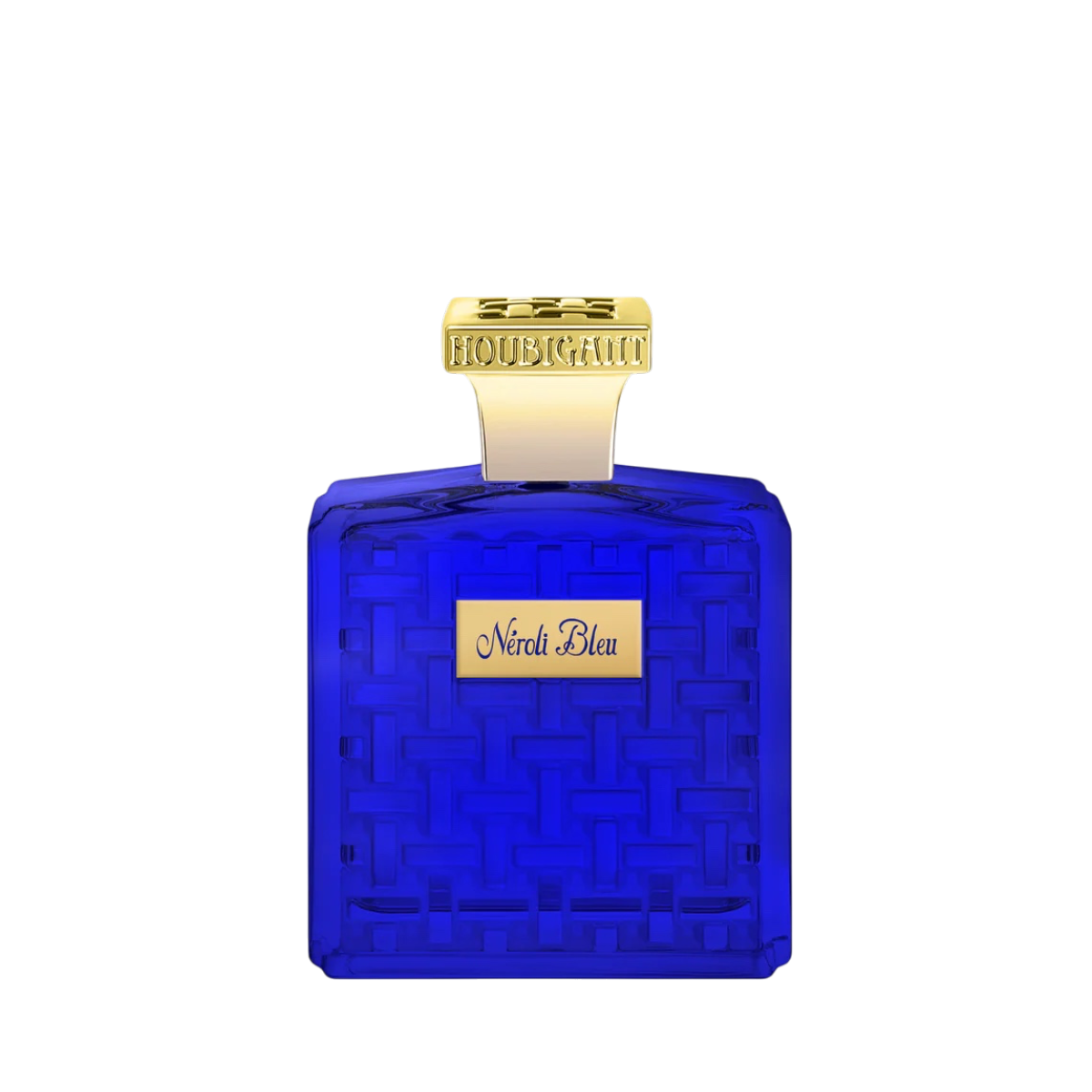 Kobaltblauer Flakon von Houbigant Néroli Bleu Eau de Parfum Extrême mit goldfarbenem Verschluss und passender blauer Luxusverpackung.
