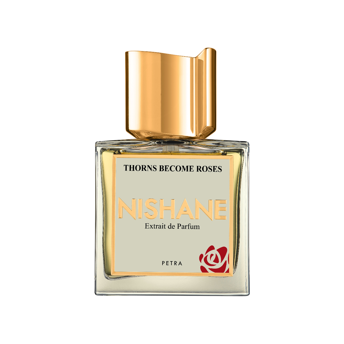 Nishane Thorns Become Roses Extrait de Parfum Flakon mit klarem Glas, goldfarbener Kappe und schwarzem Etikett auf weißem Hintergrund.