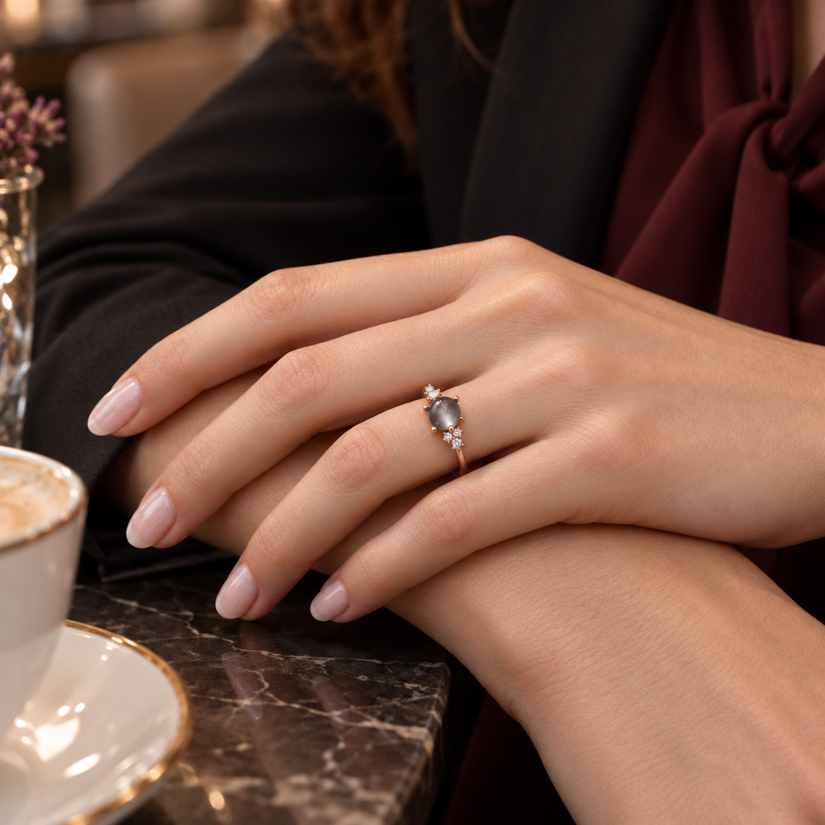 Ring Stellini II, grey moonstone, 18kt Fairtrade rose gold