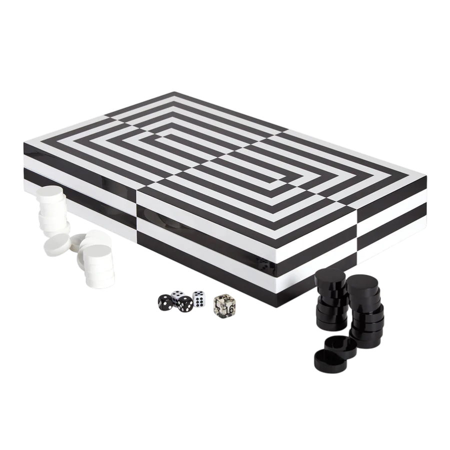 OP Art lackiertes Backgammon Set, schwarz weiss