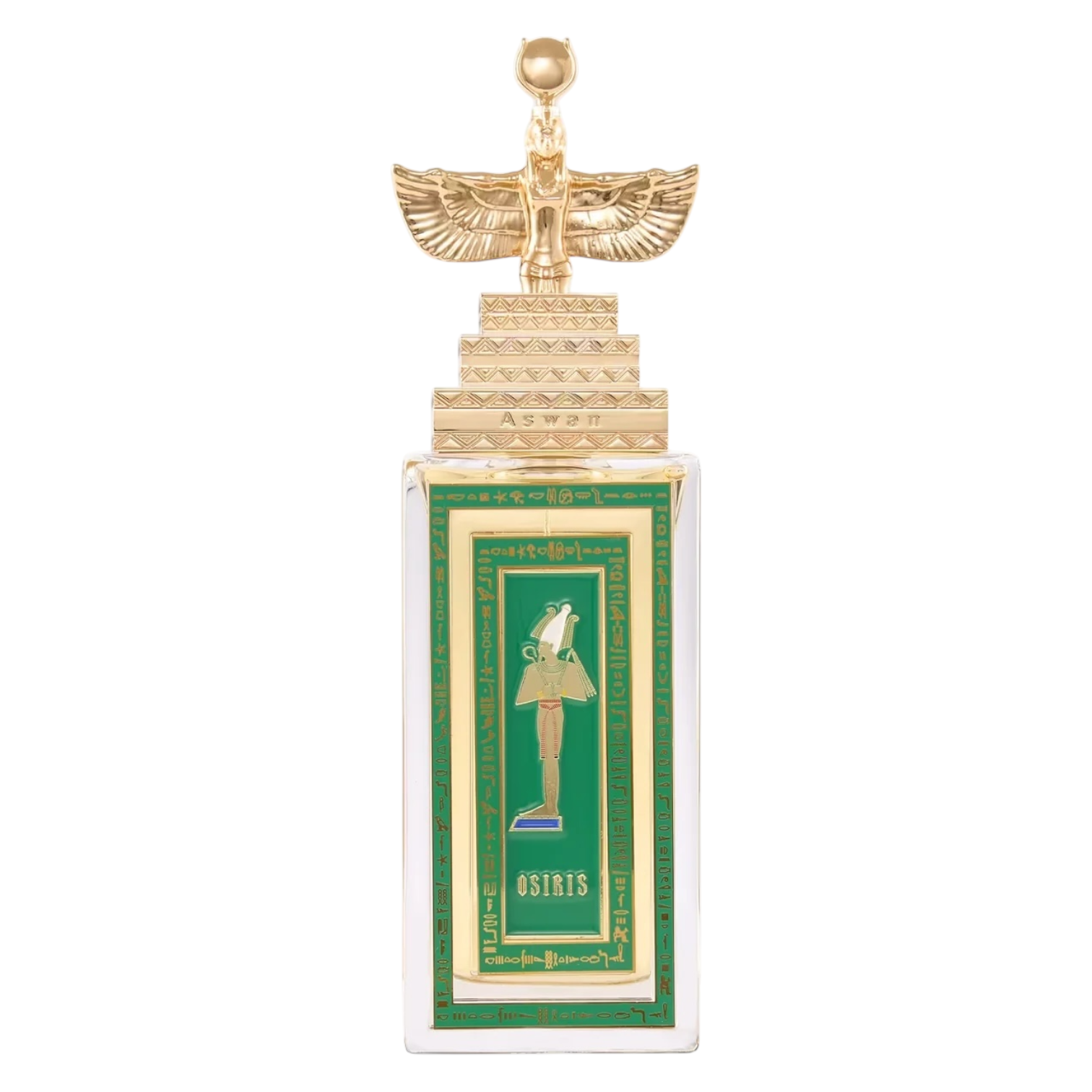 Flakon von Aswan Osiris – rechteckige klare Glasflasche mit goldener Verschlusskappe mit Pyramiden‑Prägung und ägyptischer Figur als 3D‑Element; Etikett in grün und gold.