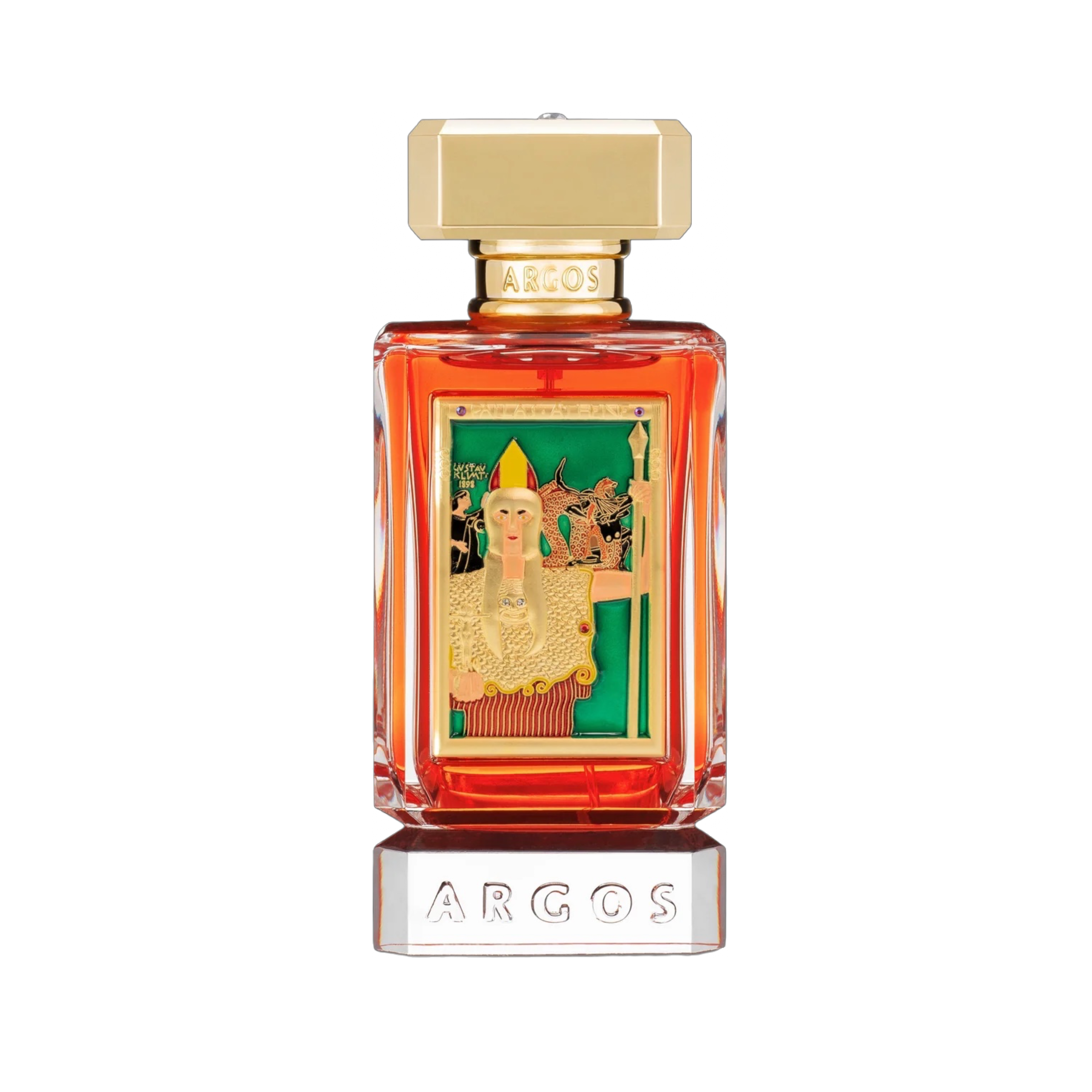 ARGOS Pallas Athene Eau de Parfum in klarem, facettiertem Glasflakon mit goldfarbenem Verschluss, warmem Duftsaft und kunstvoller Frontplakette mit Athena-Motiv.