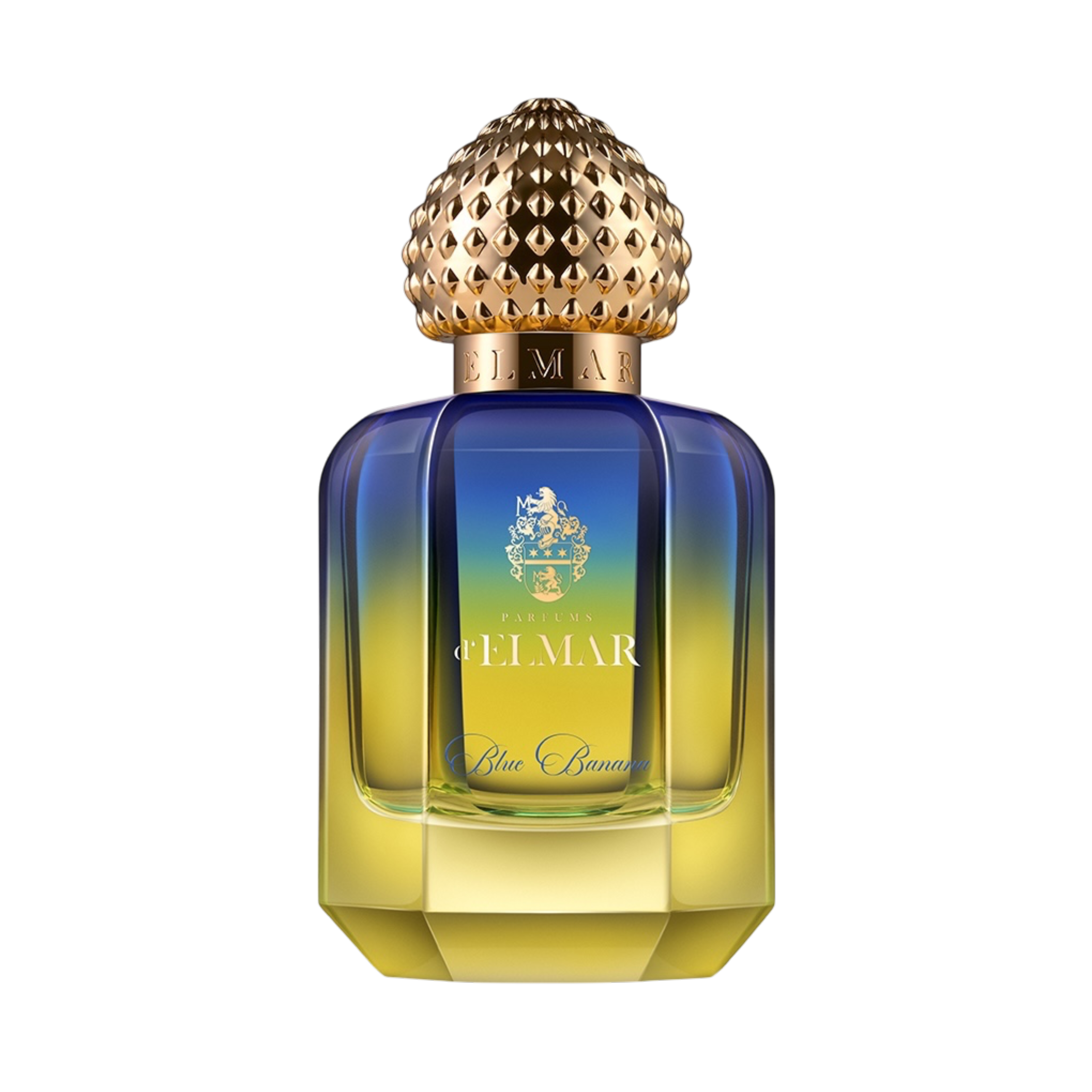 Parfums d'Elmar Blue Banana Extrait de Parfum im blau-grünen Luxusflakon mit goldfarbenem Verschluss und facettiertem Glasdesign.