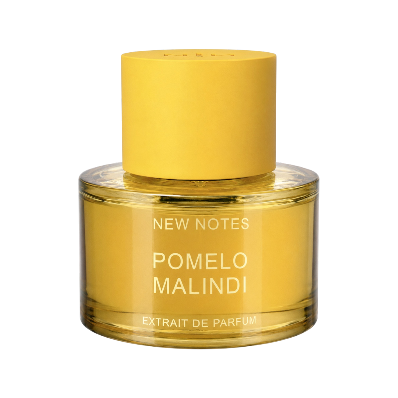 New Notes Pomelo Malindi Extrait de Parfum im transparenten gelben Flakon mit zylindrischem gelbem Verschluss und minimalistischem Design.