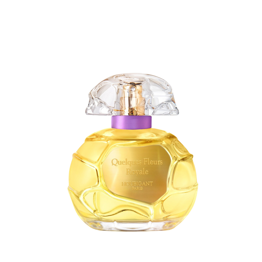 Flakon von Quelques Fleurs Royale Eau de Parfum von Houbigant Paris – ein elegantes Design mit goldenen Akzenten. Jetzt bei 4D OUTFITTERS erhältlich.