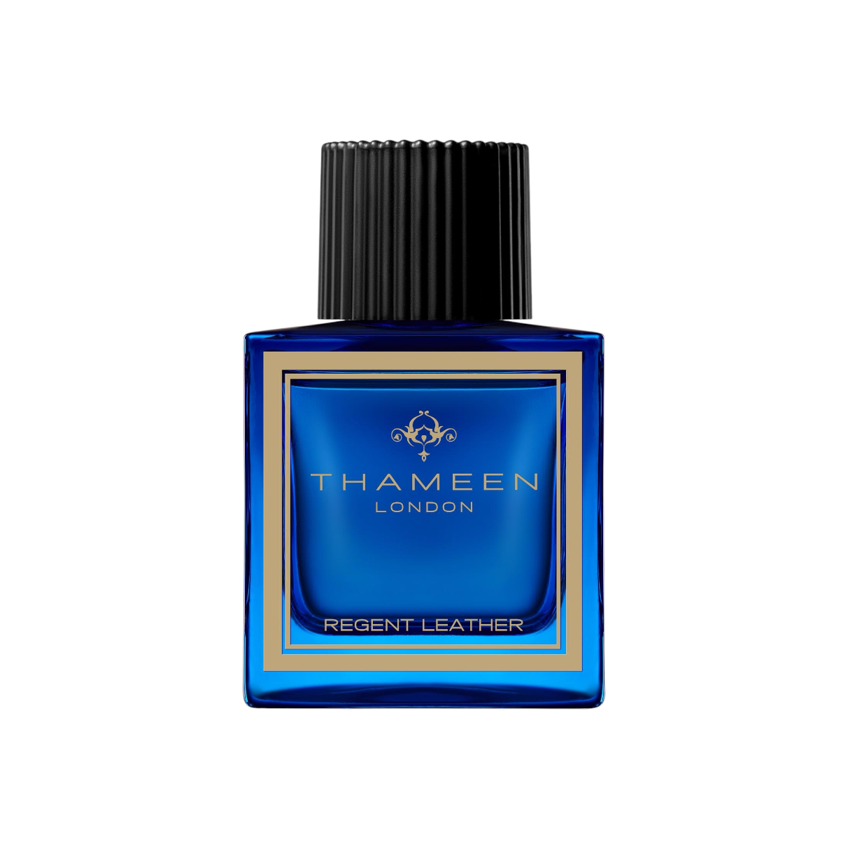 Flakon von Regent Leather – Thameen London: luxuriöser Unisex‑Duft in charakteristischem blauen Glasdesign