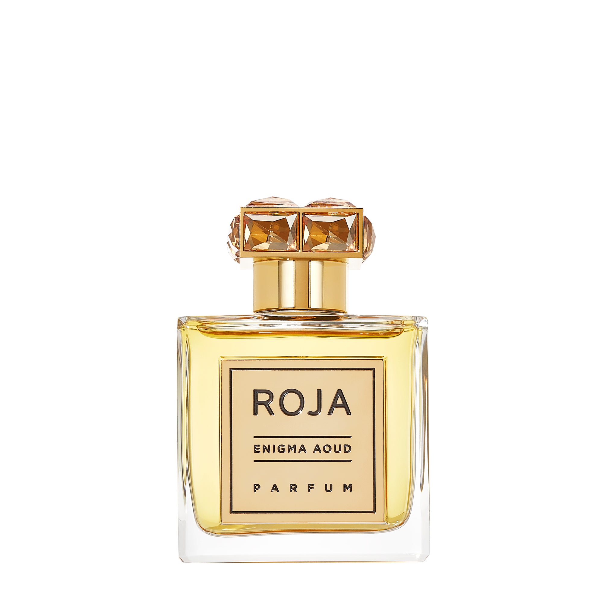 Flakon des Enigma Aoud Parfums von Roja Parfums – ein eleganter Glasflakon mit goldener Kappe, der einen warmen, orientalischen Duft enthält. Jetzt bei 4D OUTFITTERS.​