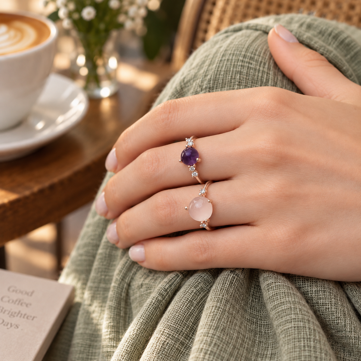 Noën rose gold rings from the Stellini collection in warm café light