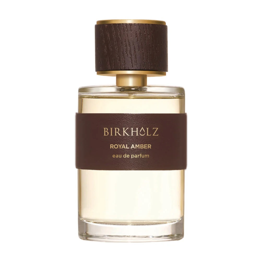 Royal Amber Parfumflakon von Birkholz – elegante Glasflasche mit Lederband und Holzakzente, unisex