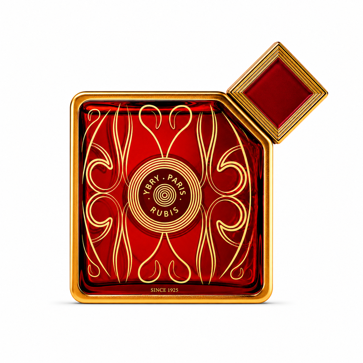 Rubinroter Flakon von Ybry Rubis Eau de Parfum mit goldfarbenem geometrischem Verschluss und luxuriösen Art-Déco-Details.