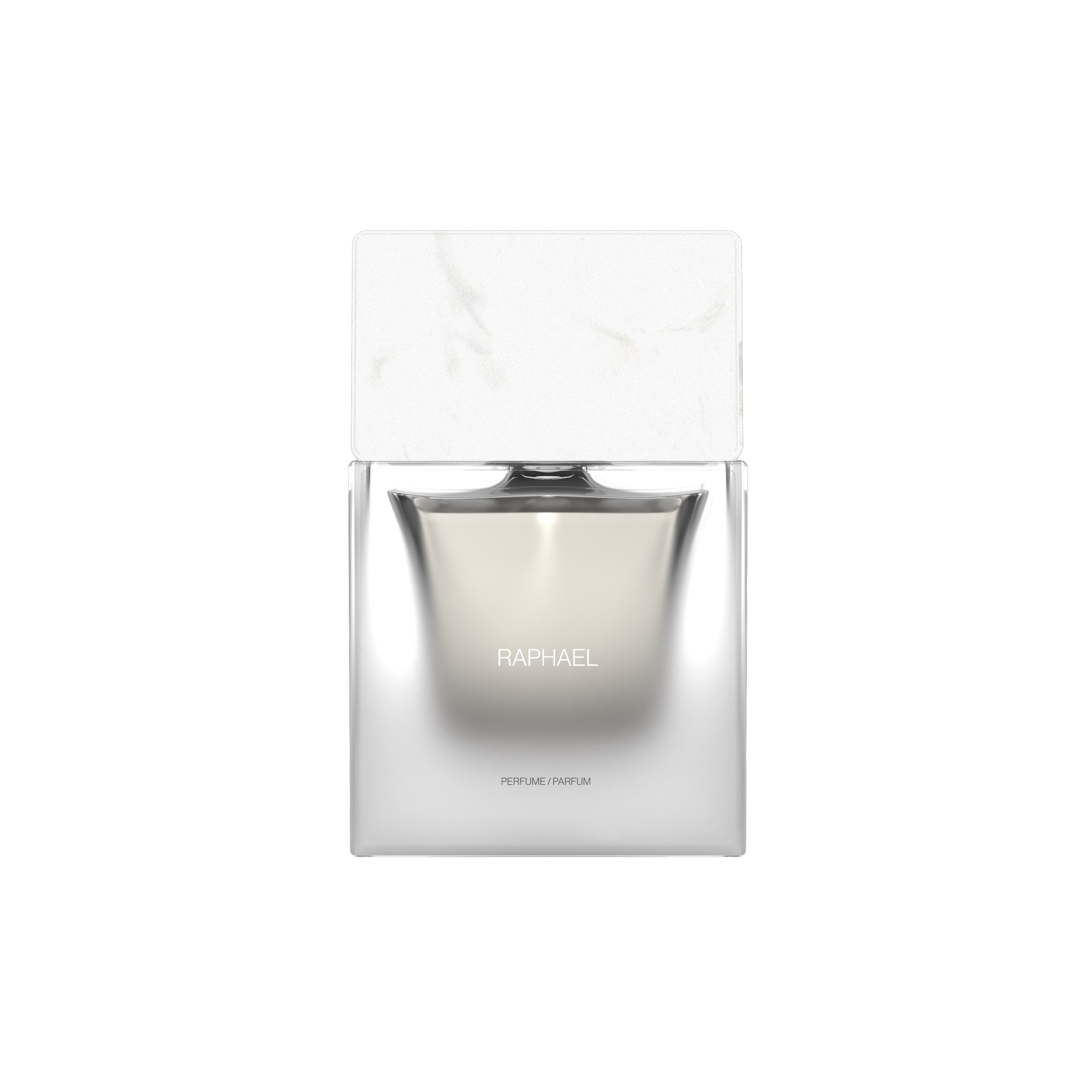 Sora Dora Raphael Parfum Flakon mit klarem Glas, hellem Duft, weißer Marmor Optik Kappe und minimalistischer Raphael Beschriftung auf weißem Hintergrund.