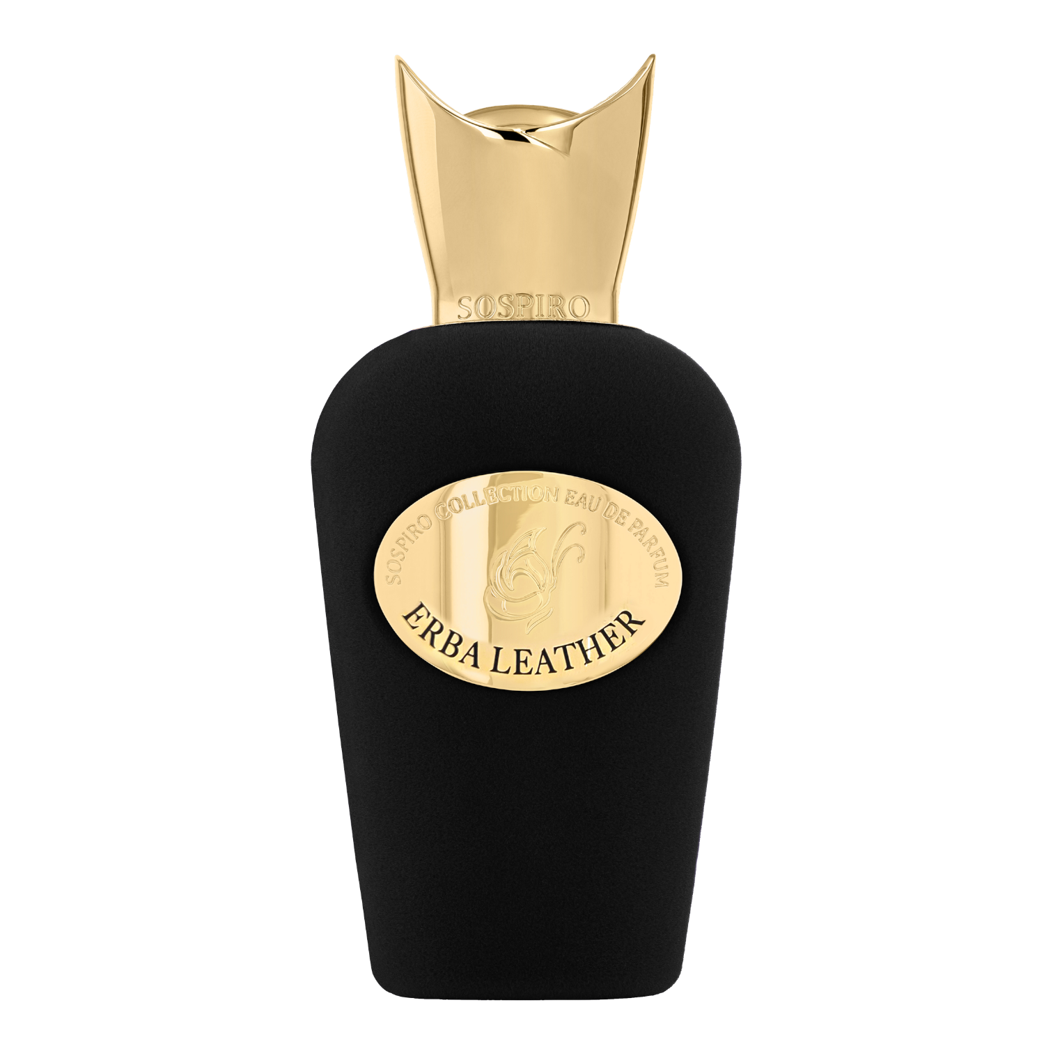 Sospiro Erba Leather Eau de Parfum im schwarzen Samtflakon mit goldfarbenem Verschluss und goldener Plakette.