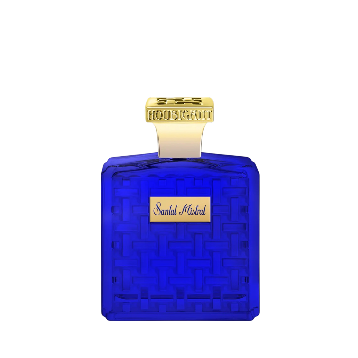 Kobaltblauer Flakon von Houbigant Santal Mistral Eau de Parfum Extrême mit goldfarbenem Verschluss und geprägtem Glasdesign.