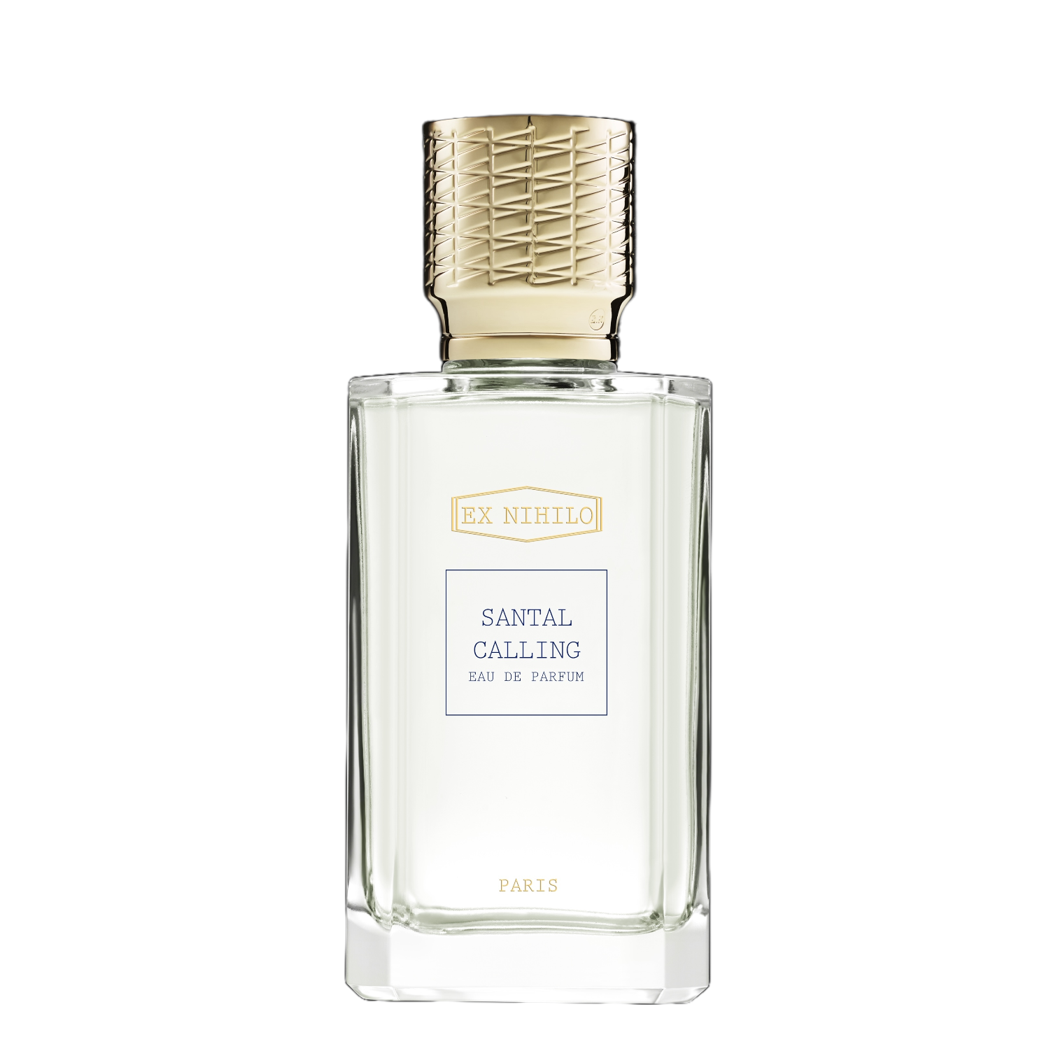 Flakon von Ex Nihilo Santal Calling – klarer Unisex‑Flakon, Sandelholz‑Duft. Deckel Gold.