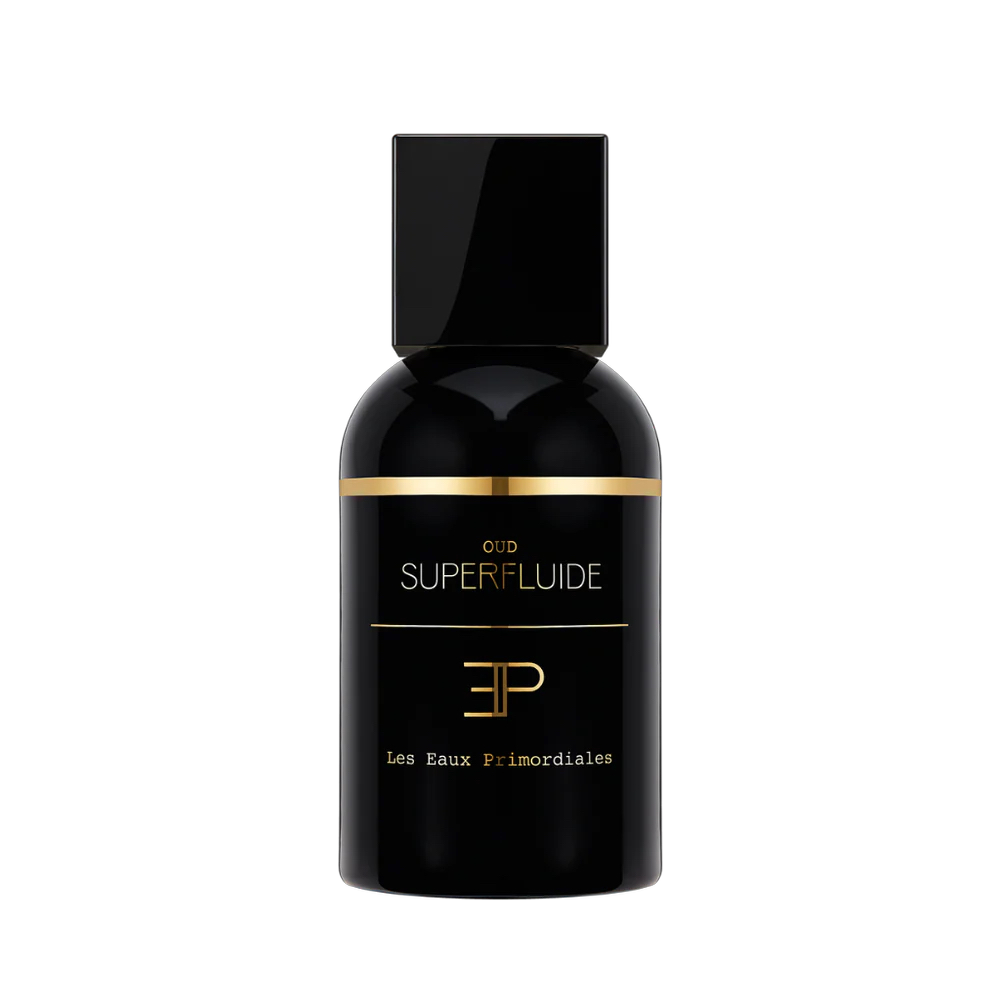 Flakon Les Eaux Primordiales Oud Superfluide – Unisex Oud‑Holz Duft. Flakon und Deckel schwarz.