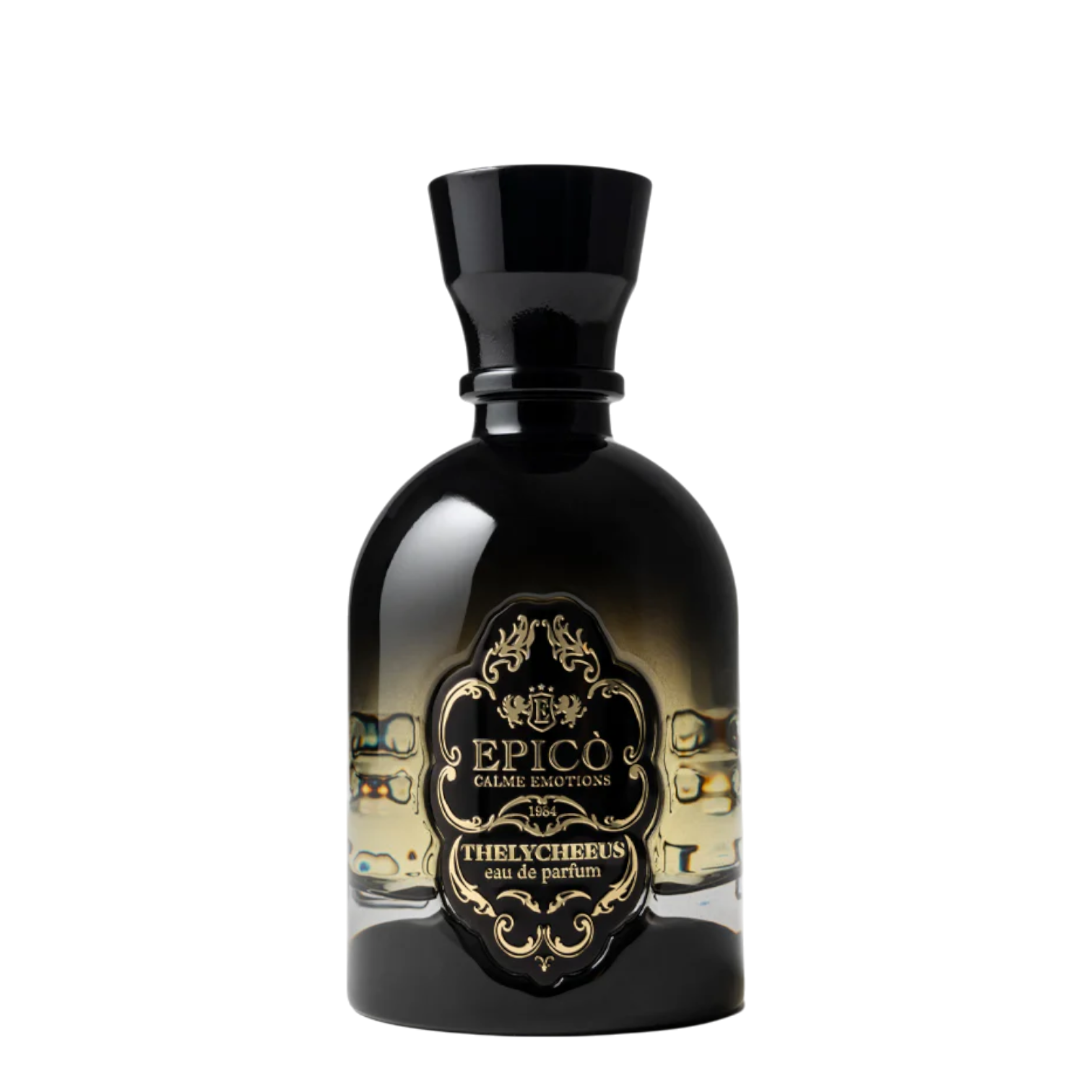 EPICO Parfum Thelycheeus Eau de Parfum im dunkel getönten Designerflakon mit schwarzem Verschluss und gold-schwarzem Vintage-Etikett.