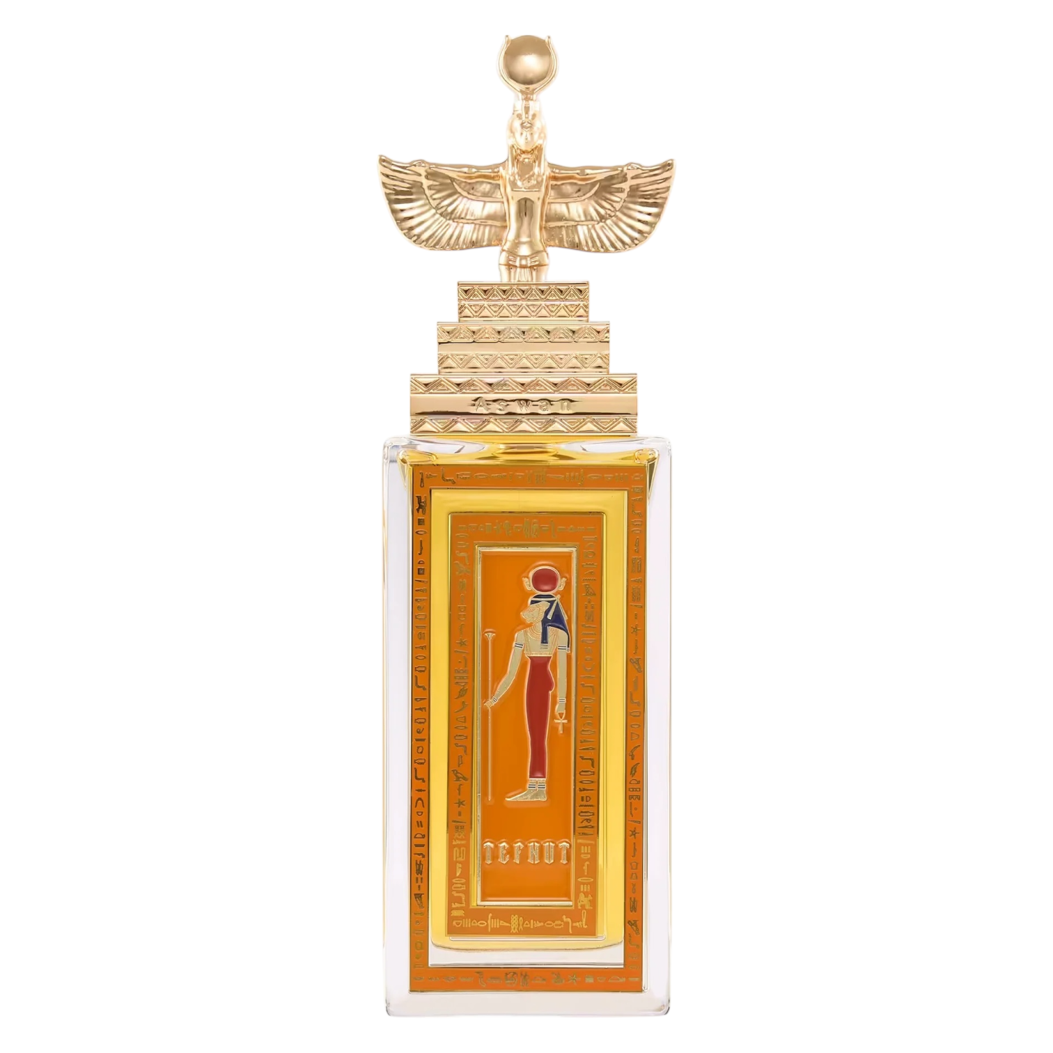 Flakon von Aswan Tefnut – rechteckige klare Glasflasche mit goldener Verschlusskappe mit Pyramiden‑Prägung und ägyptischer Figur als 3D‑Element; Etikett in orange.