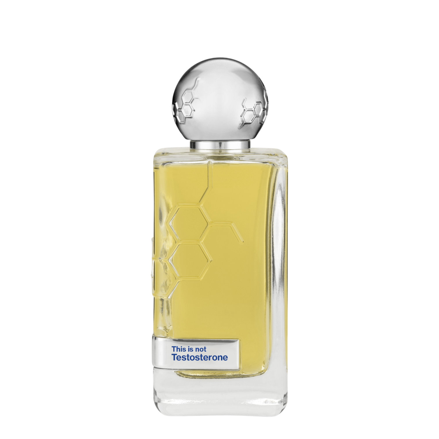 Hormone Paris This is Not Testosterone Parfum 100 ml Flakon mit transparenter Glasflasche, silberner Kugelkappe mit Molekül-Design und Etikett auf weißem Hintergrund.