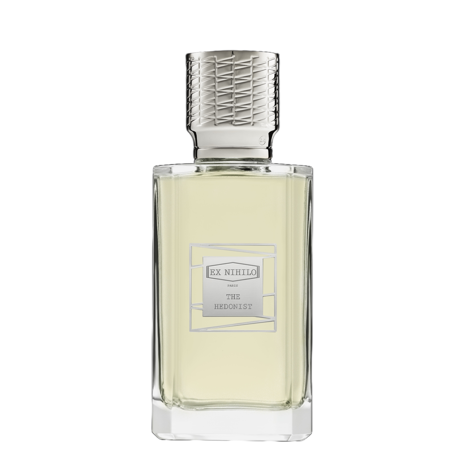 Flakon von Ex Nihilo The Hedonist – minimalistisches Design, Holz‑Zitrus Unisex‑Duft. Deckel Silber.