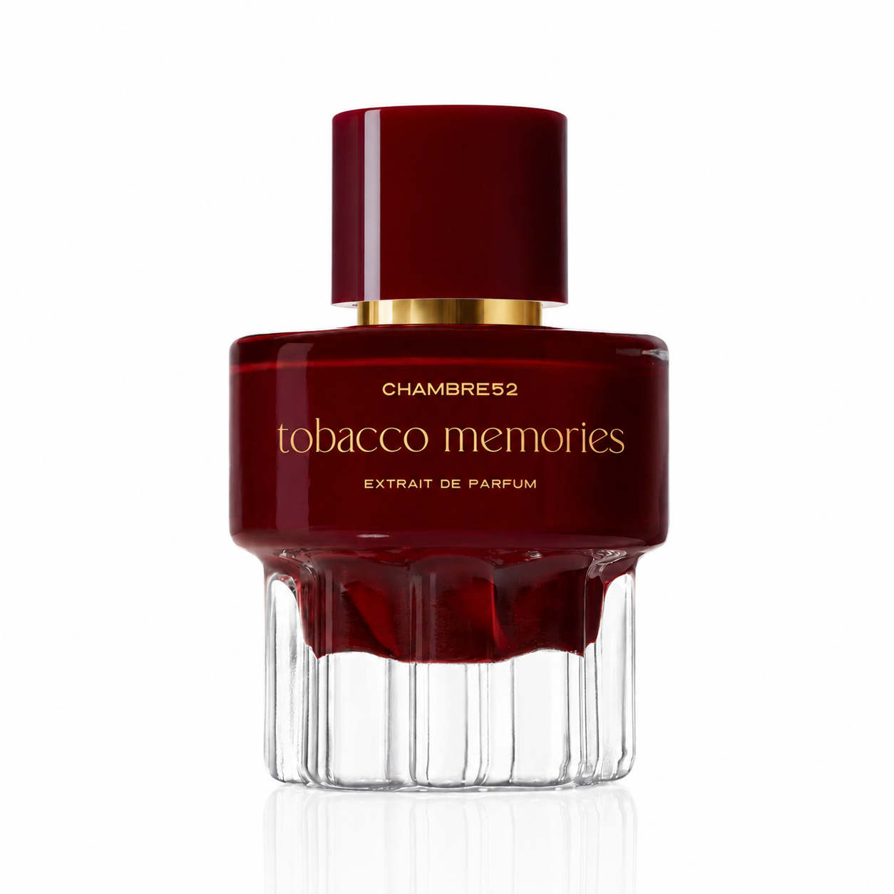 Chambre52 Tobacco Memories Extrait Parfumflakon aus tiefrotem Glas mit goldener Schrift und klarem facettiertem Glasboden