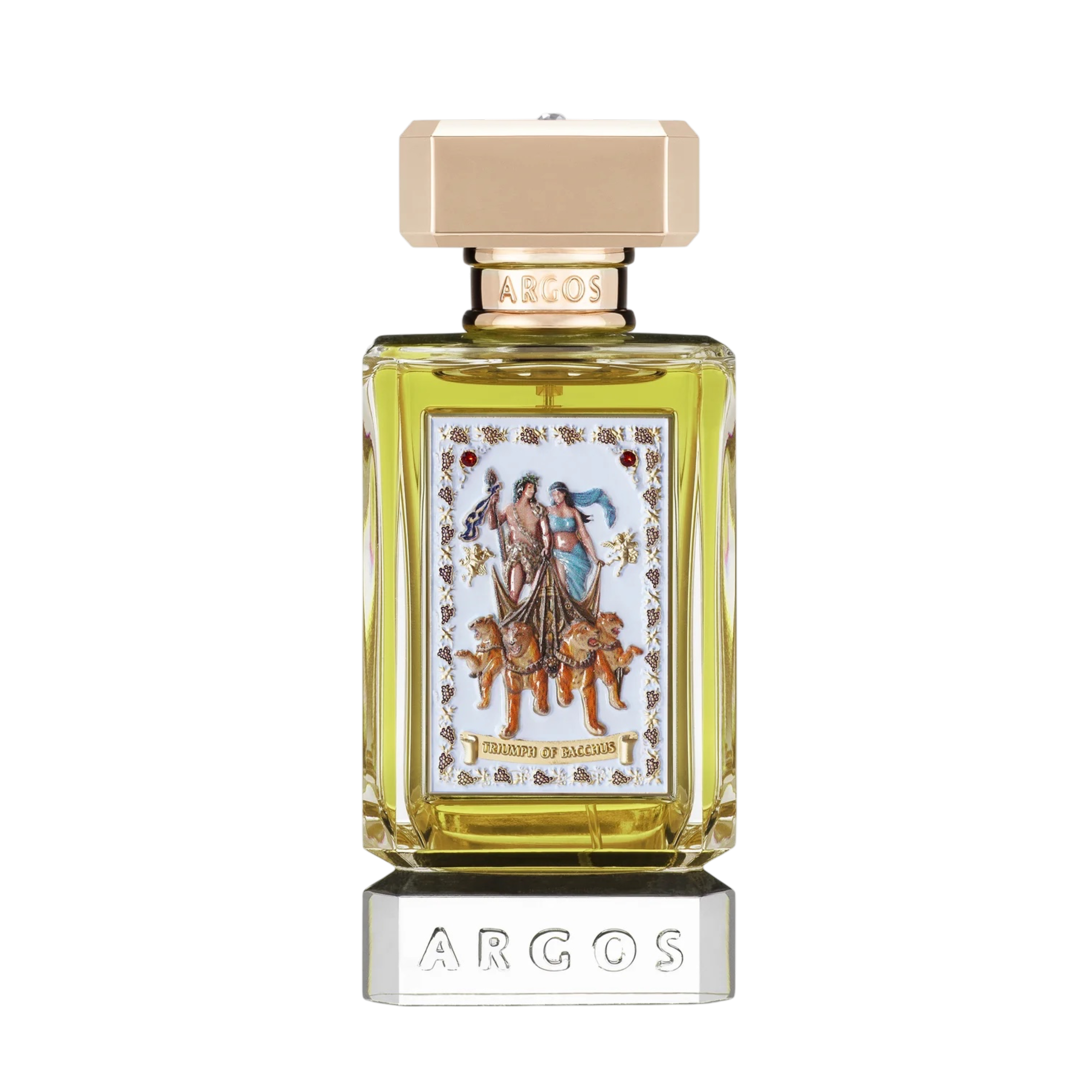 ARGOS Triumph of Bacchus Extrait de Parfum in klarem, facettiertem Glasflakon mit goldfarbenem Verschluss, gelbem Duftsaft und kunstvoller Frontplakette mit Bacchus-Motiv.