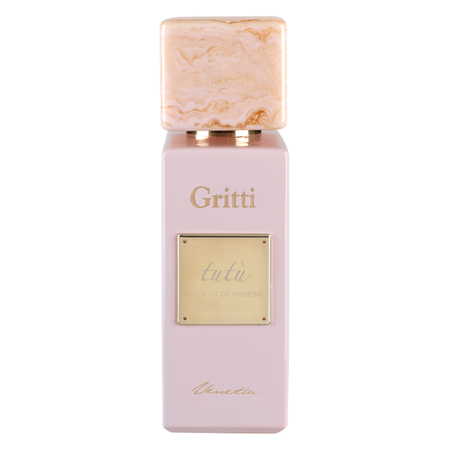 Flakon von Gritti Tutù Pink Extrait de Parfum – rosafarbener Luxus-Flakon mit elegantem Design.