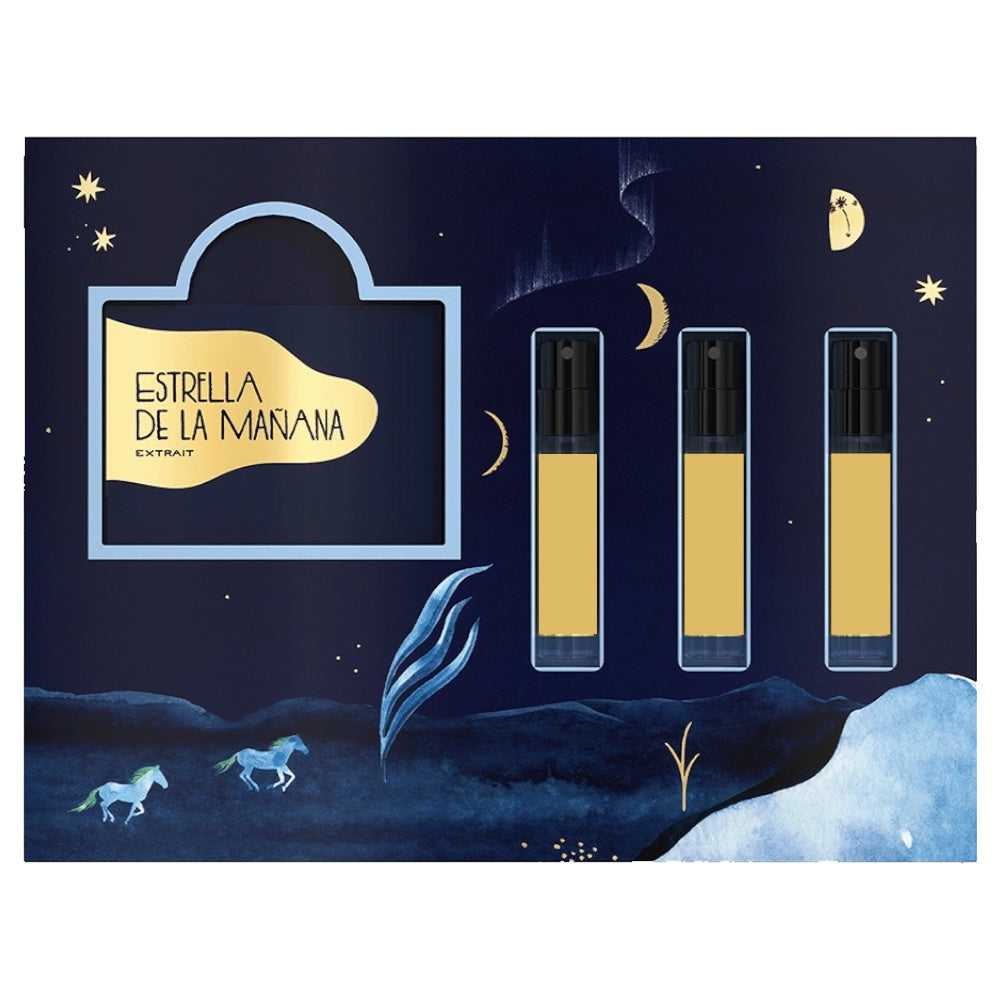 Discovery Set Extrait von Une Nuit Nomade – 3 Mini‑Extraits mit Jardin de Misfah, Chemin d'Amande & Estrella de la Mañana, mit Blotter. Ink. Geschenksverpackung