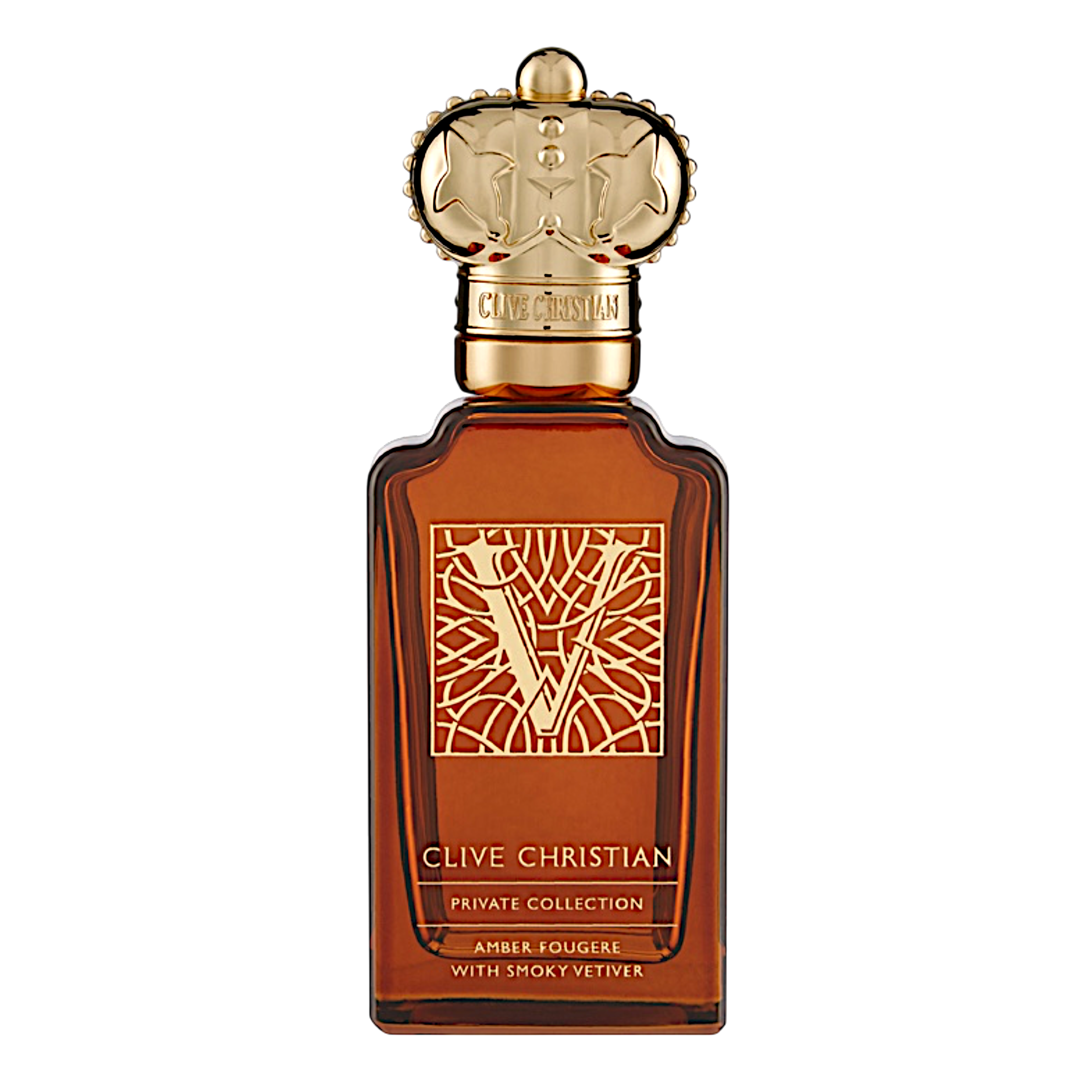 Clive Christian V Amber Fougère Parfum im bernsteinfarbenen Glasflakon mit goldfarbenem Kronenverschluss und ornamentalem Frontemblem.