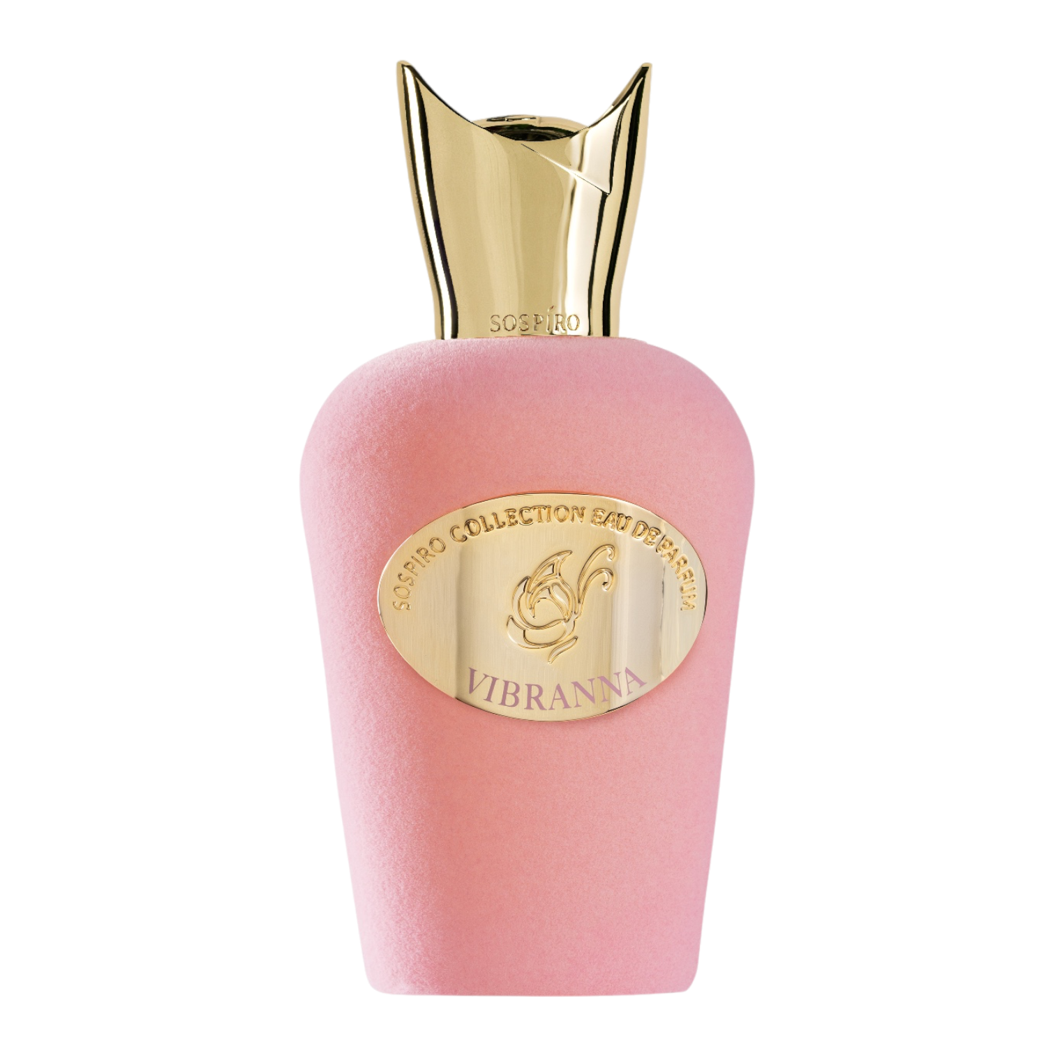 Sospiro Vibranna Eau de Parfum im rosafarbenen Samtflakon mit goldfarbenem Verschluss und goldener Plakette.