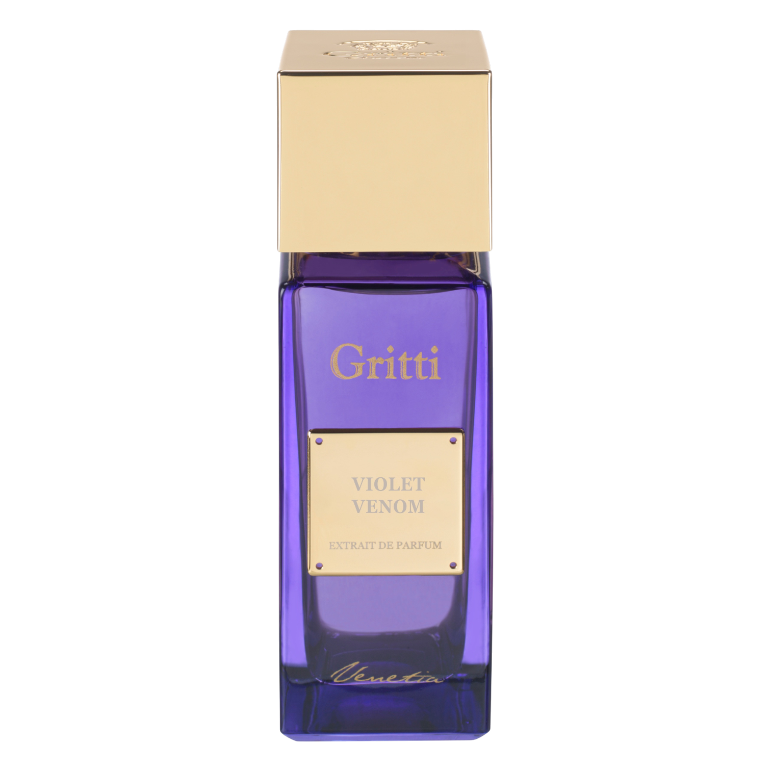Violetter Flakon von Gritti Violet Venom Extrait de Parfum mit goldfarbenem Verschluss und luxuriöser minimalistischer Optik.