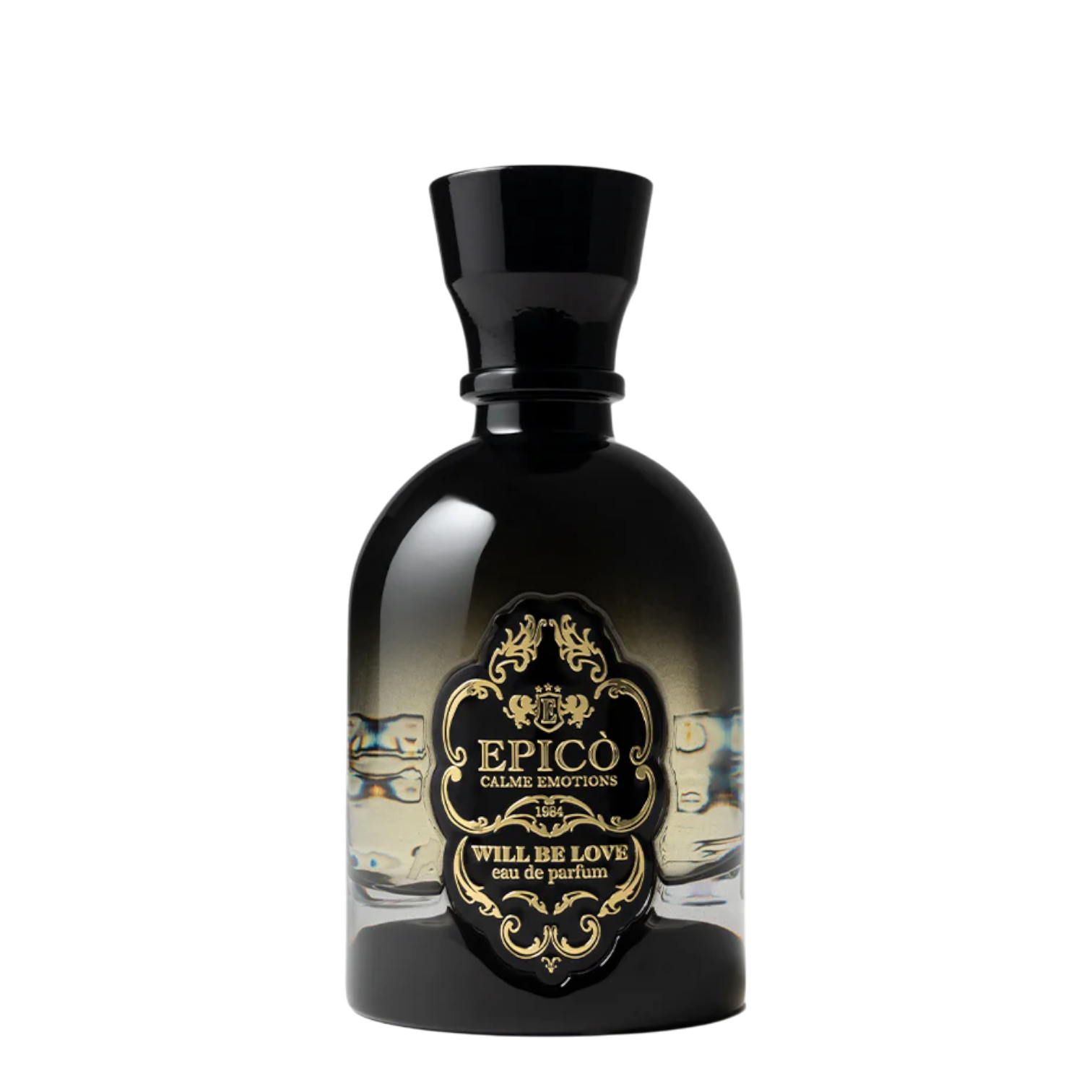 EPICO Parfum Will Be Love Eau de Parfum im dunkel getönten Glasflakon mit schwarzem Verschluss und gold-schwarzem Vintage-Etikett.