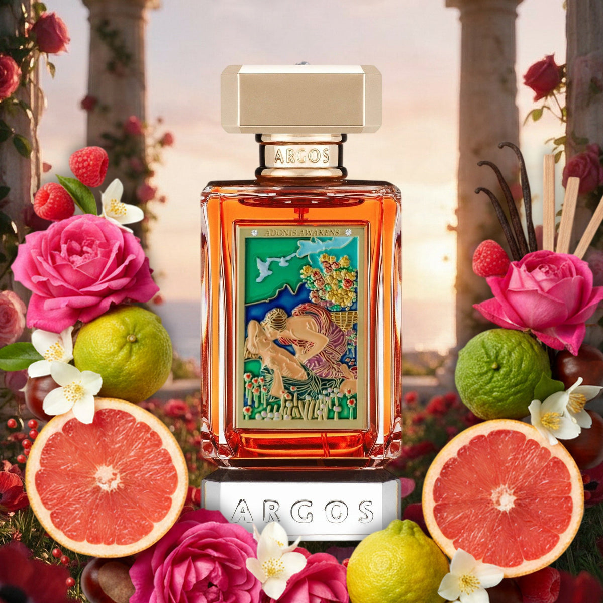 Adonis Awakens von Argos – Flakon mit Rosen, Jasmin, Grapefruit, Bergamotte und Himbeeren im antiken Rosengarten am Morgen