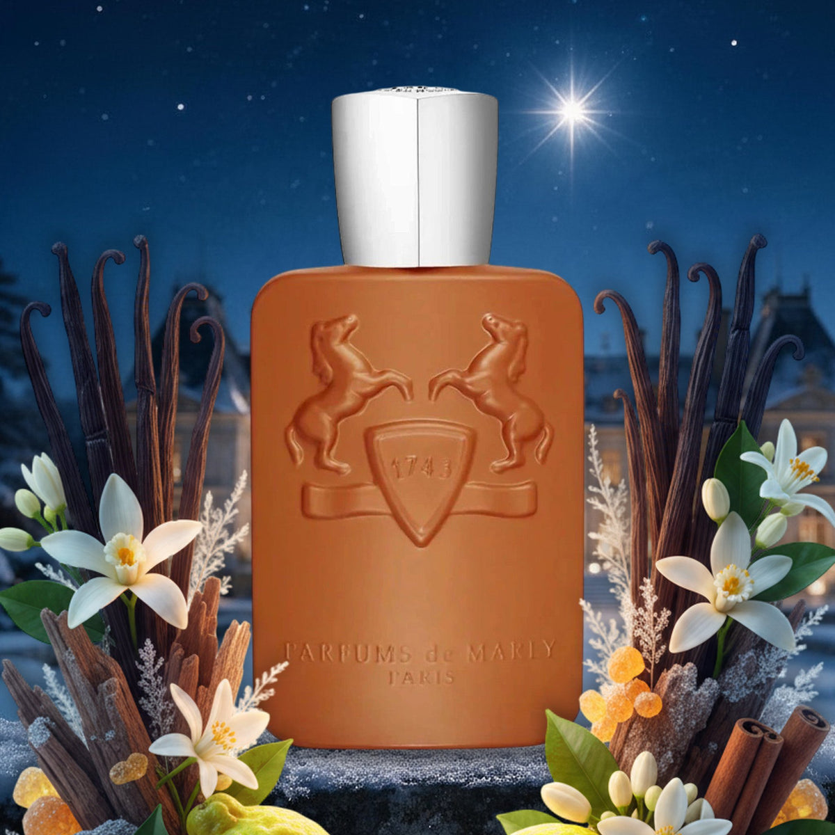 Althair von Parfums de Marly mit Bourbon-Vanille, Orangenblüte, Zimt und Guajakholz vor verschneitem Schloss unter Altair